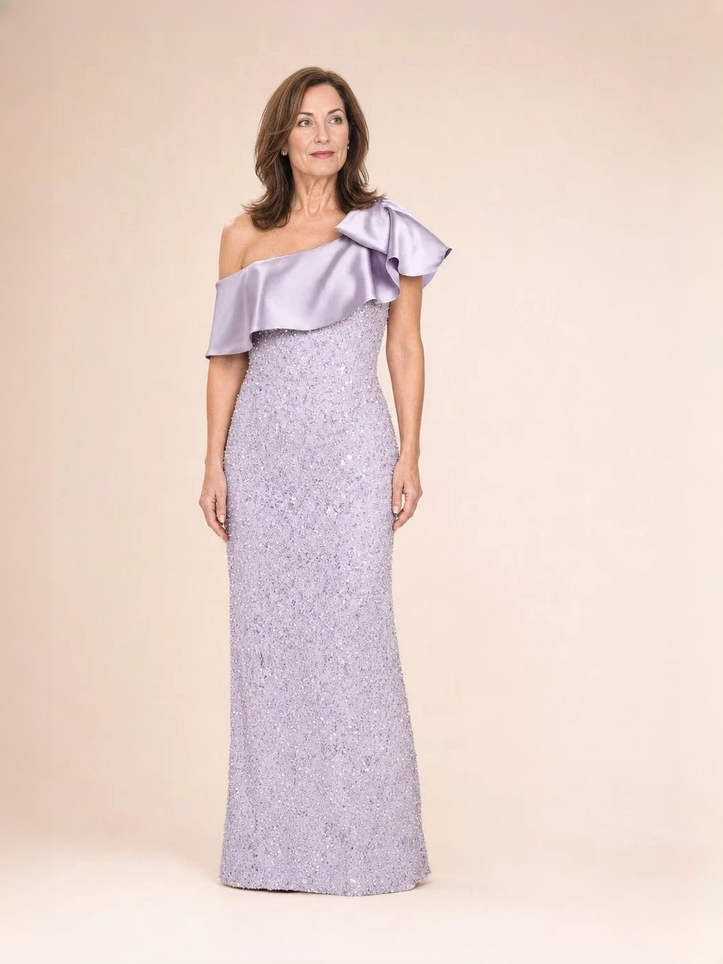 Light purple one-shoulder sequin mermaid floor-length gown with ruffled sleeve