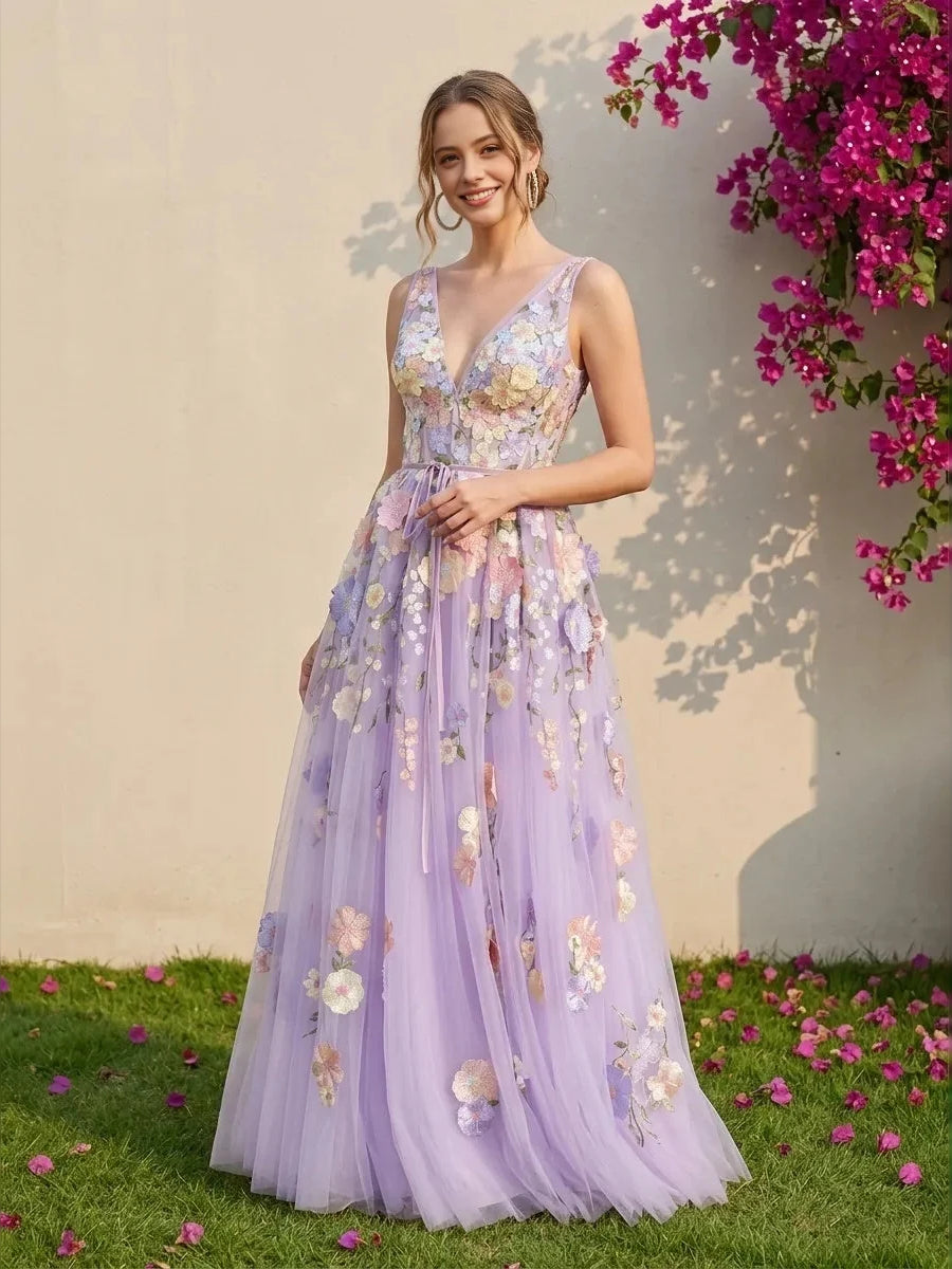 Light purple floral applique V-neck A-line floor-length tulle wedding dress
