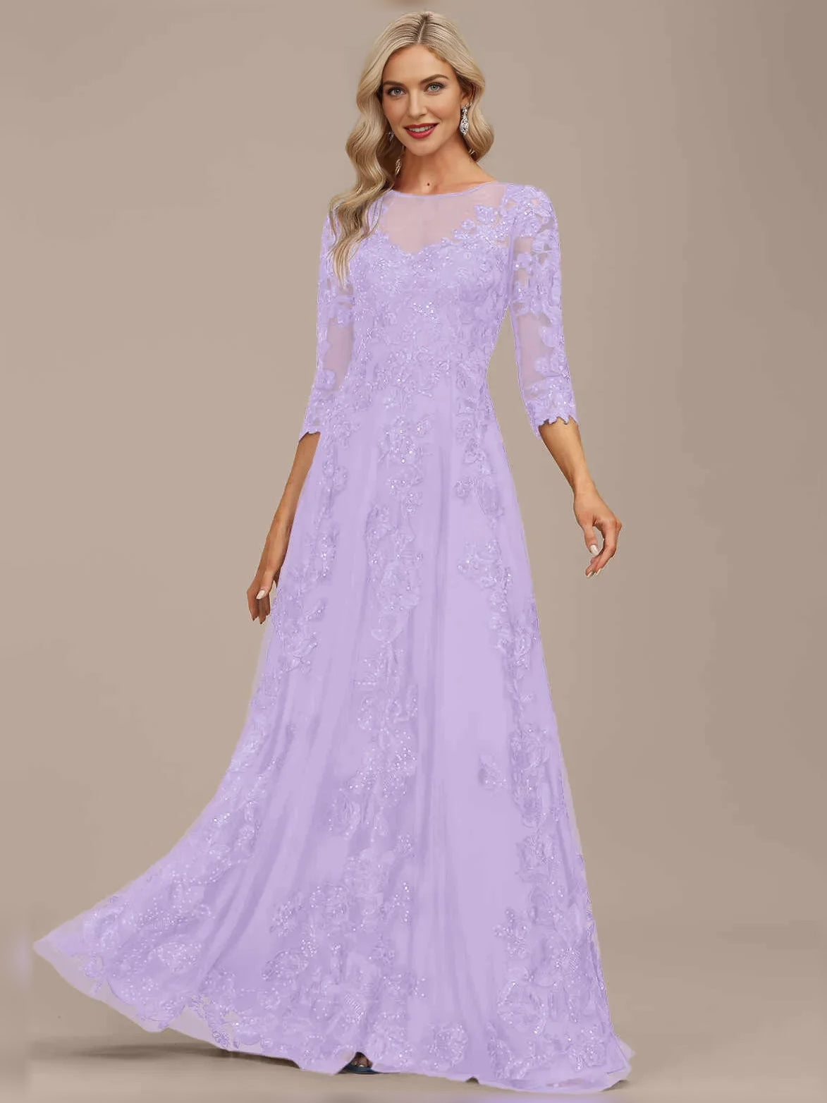 Light purple sequin A-line maxi gown with illusion neckline and floral lace details