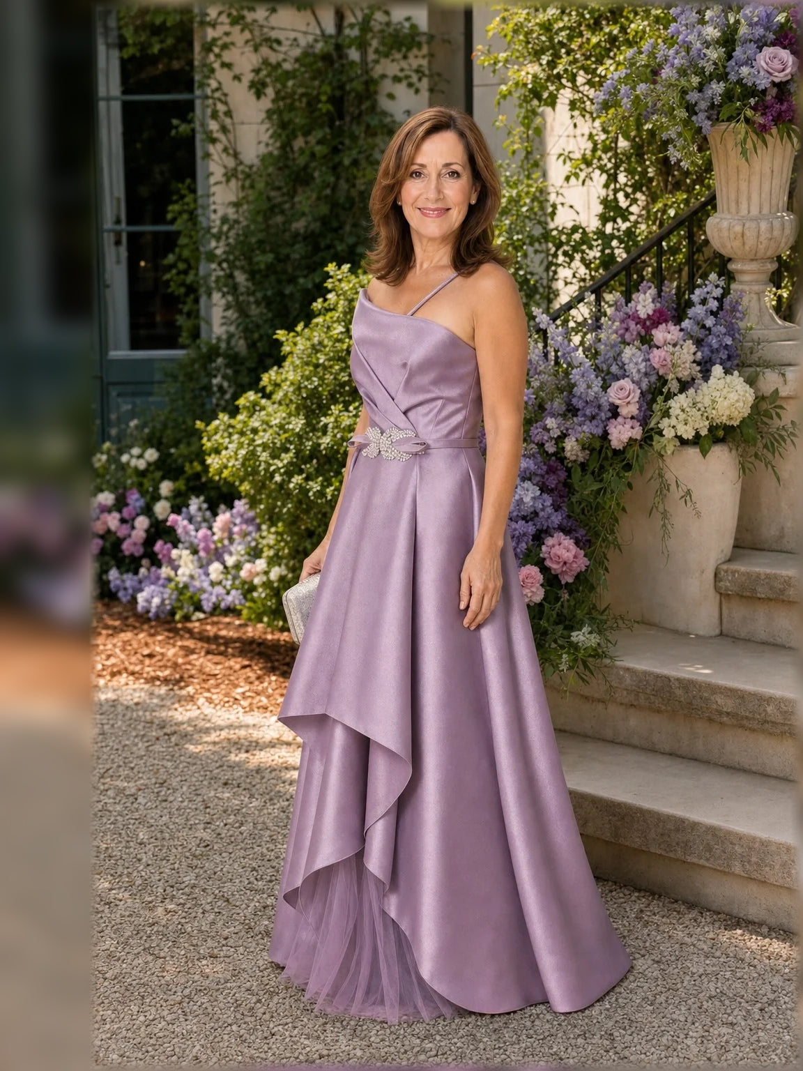 Light purple one-shoulder satin A-line maxi dress with draped side ruffles and beaded belt