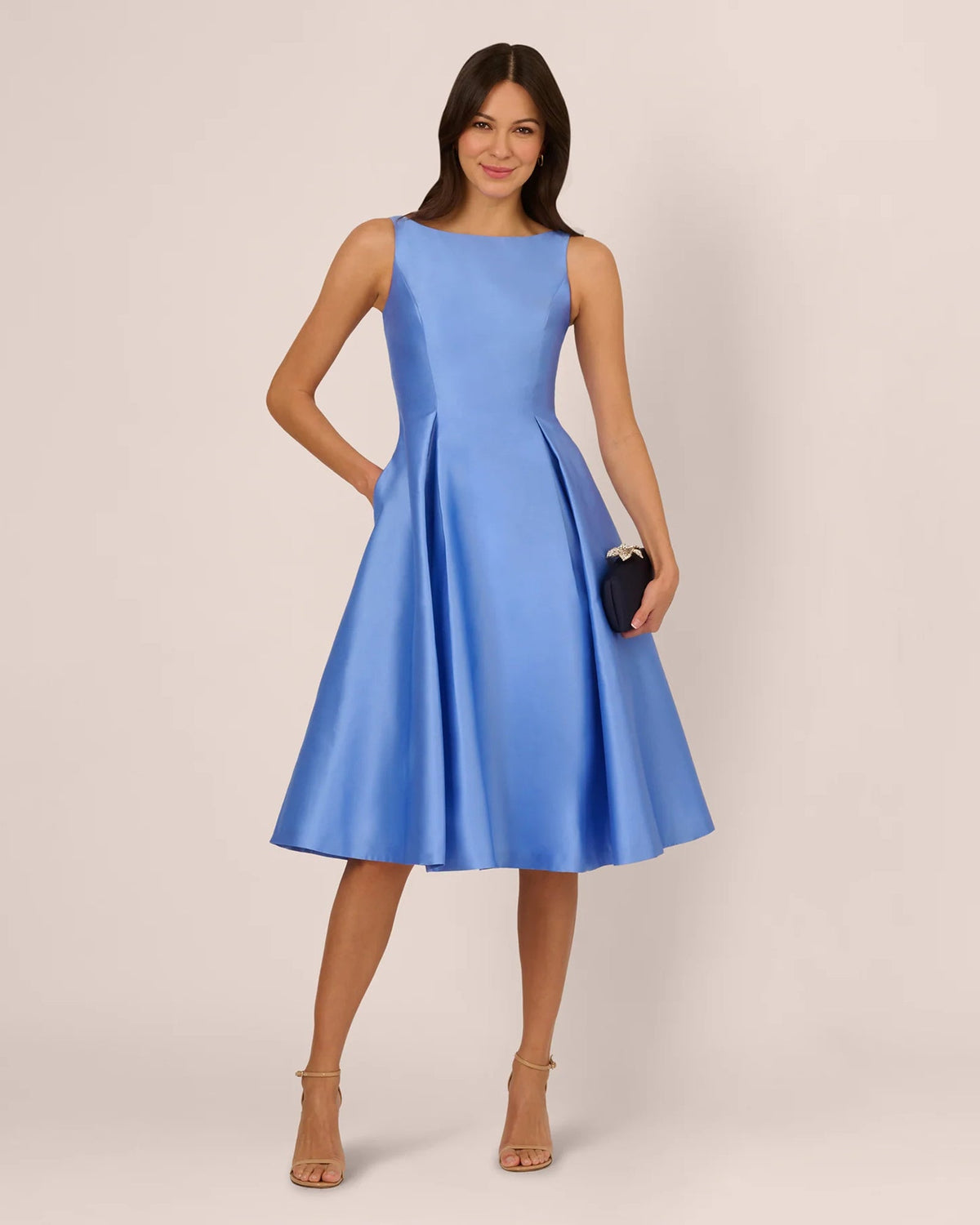 Periwinkle blue sleeveless fit-and-flare midi dress with scoop neckline