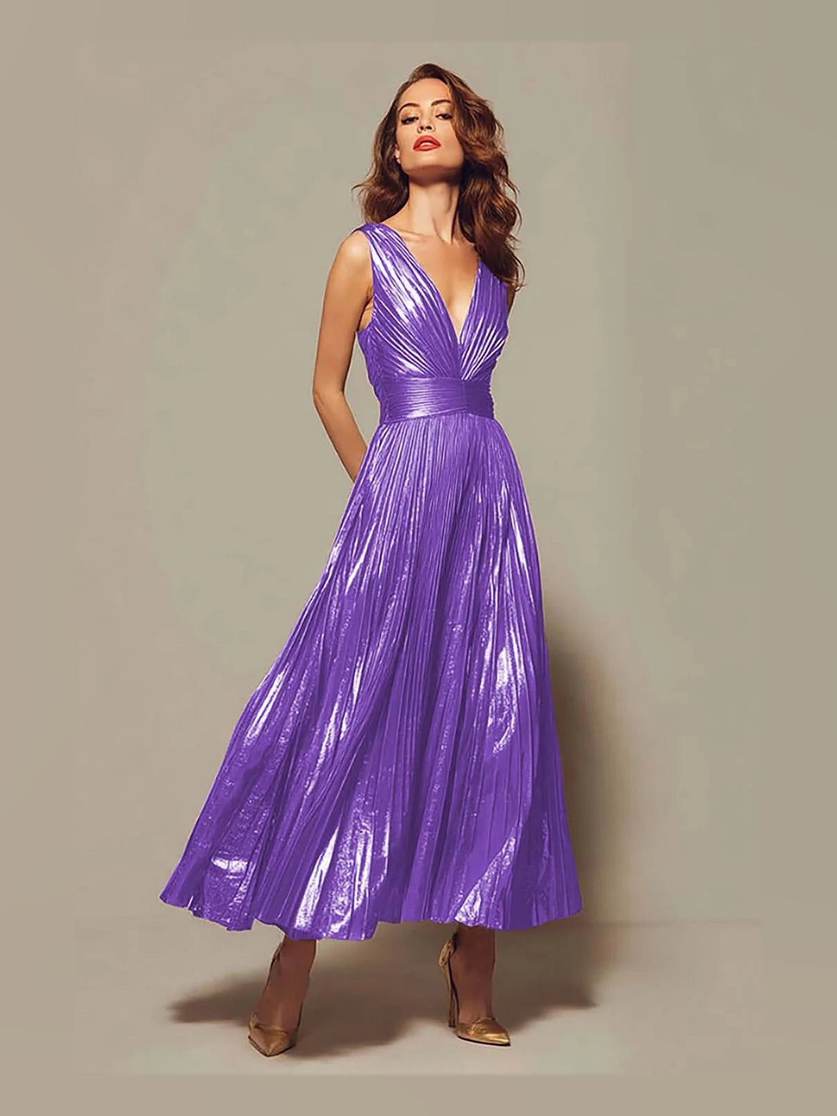Purple metallic pleated V-neck A-line prom dress with draped sleeveless bodice
