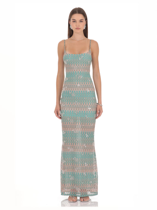 Turquoise woven maxi dress with spaghetti straps and textured body, full front view