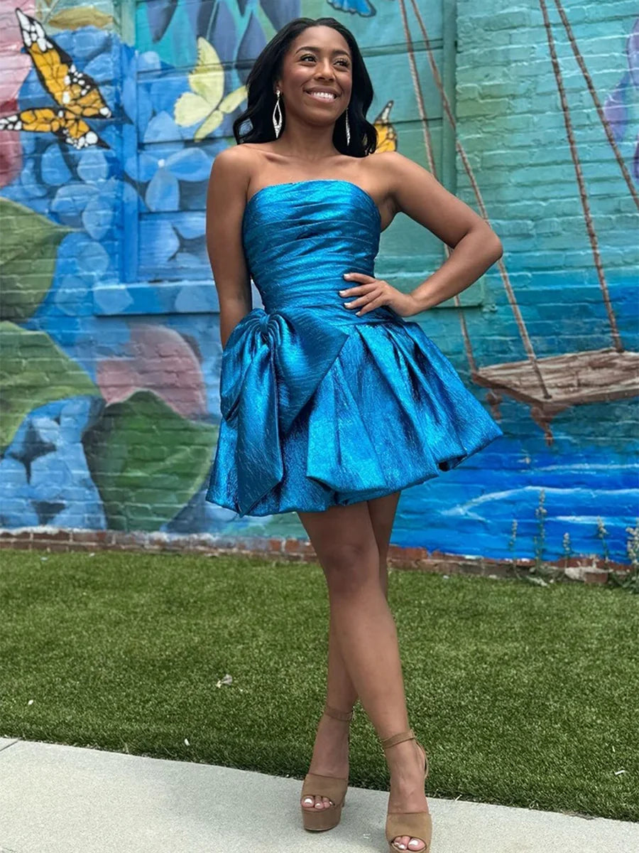 Blue strapless ruched A-line mini homecoming dress with gathered layered skirt