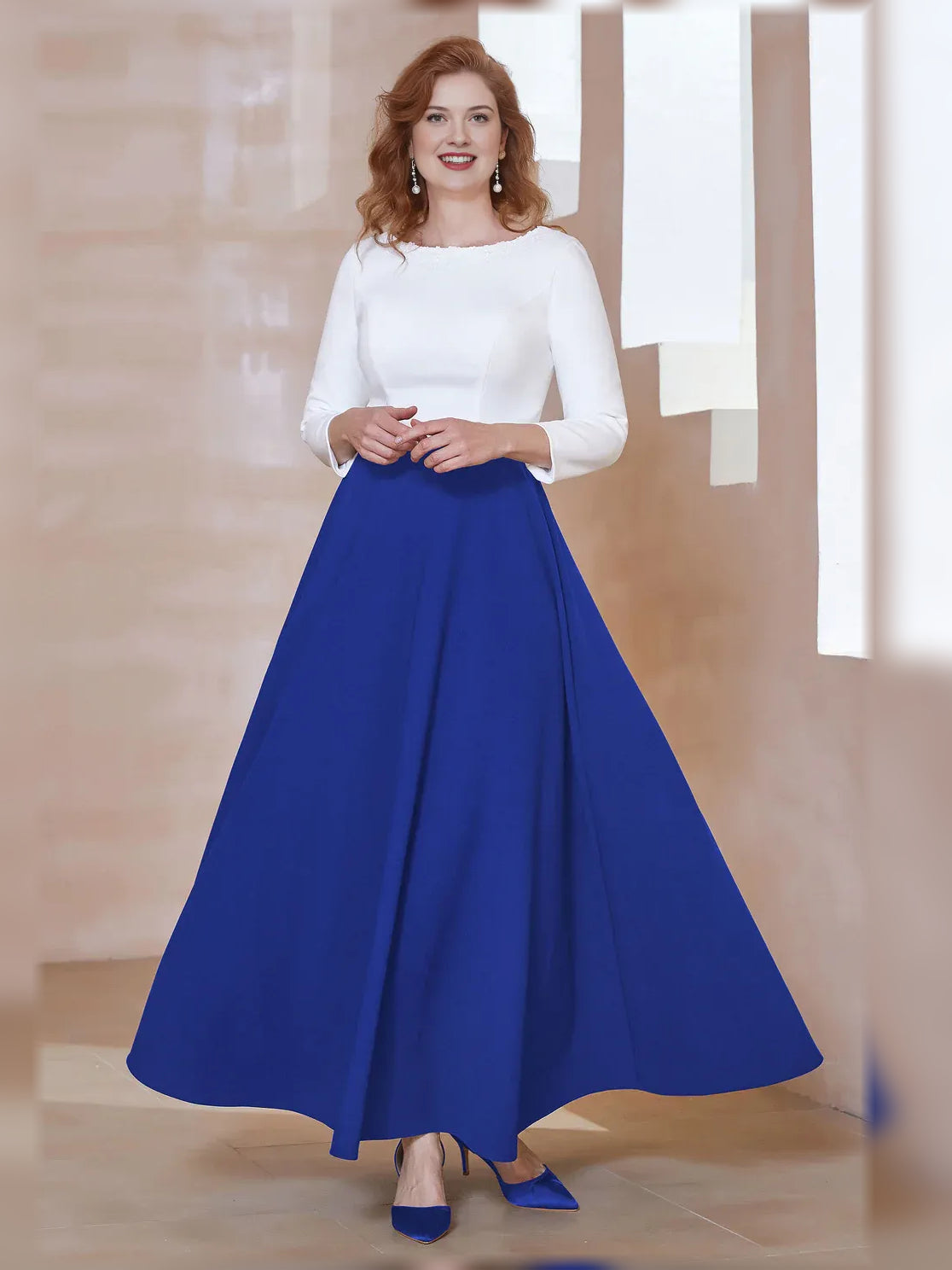 Mother of the bride A-line dress with boat neckline, royal blue skirt and long white sleeves
