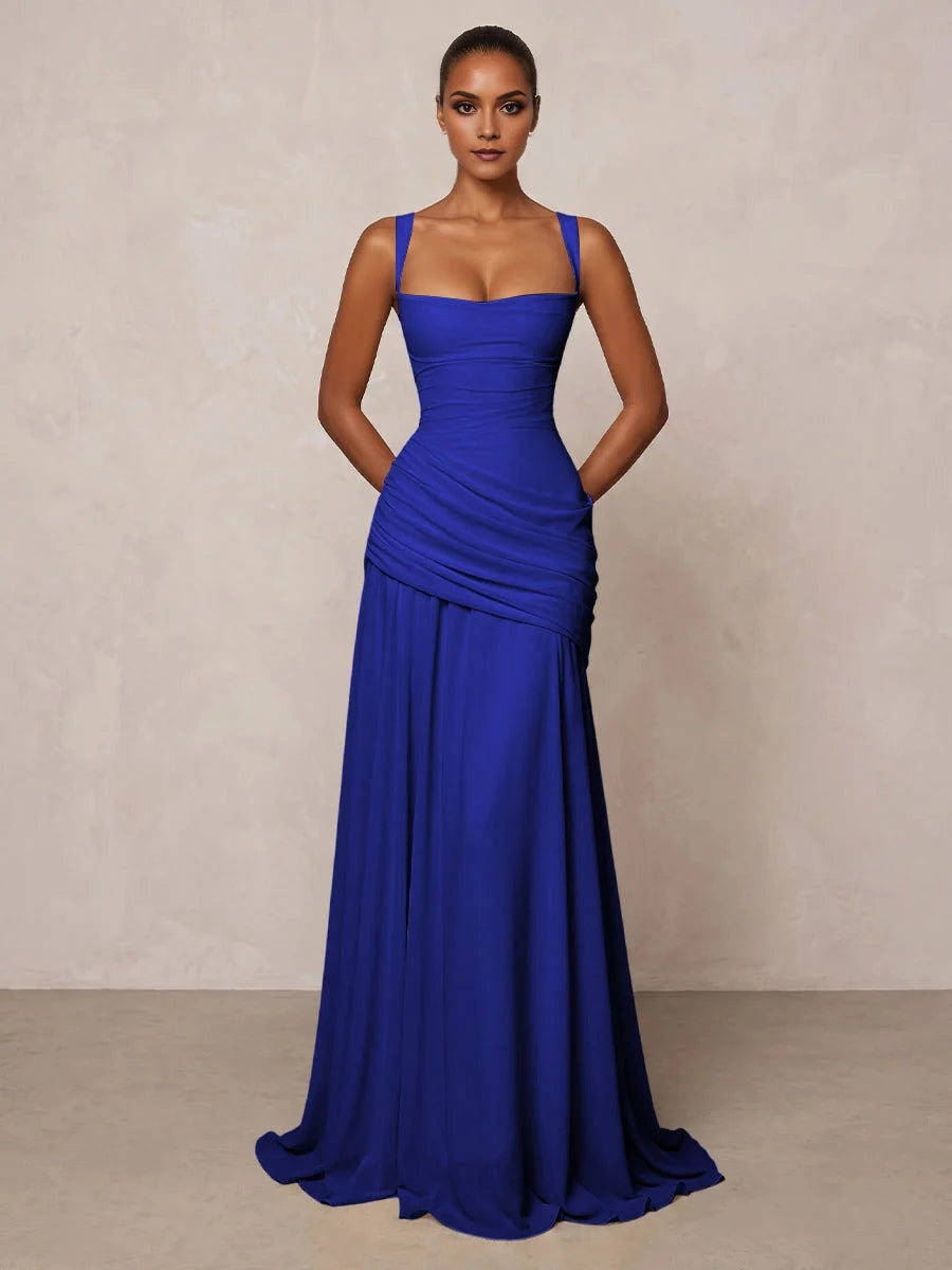 Royal blue square-neck A-line prom dress with ruched waist and draped floor-length skirt
