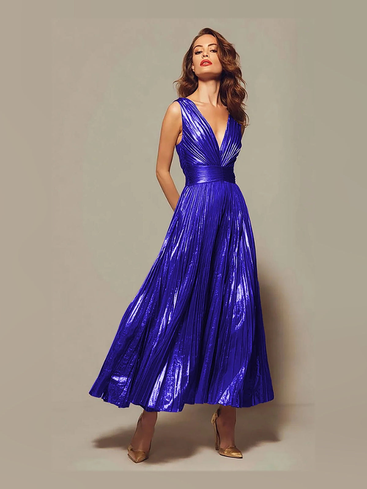 Royal blue metallic pleated V-neck A-line prom dress with draped sleeveless bodice