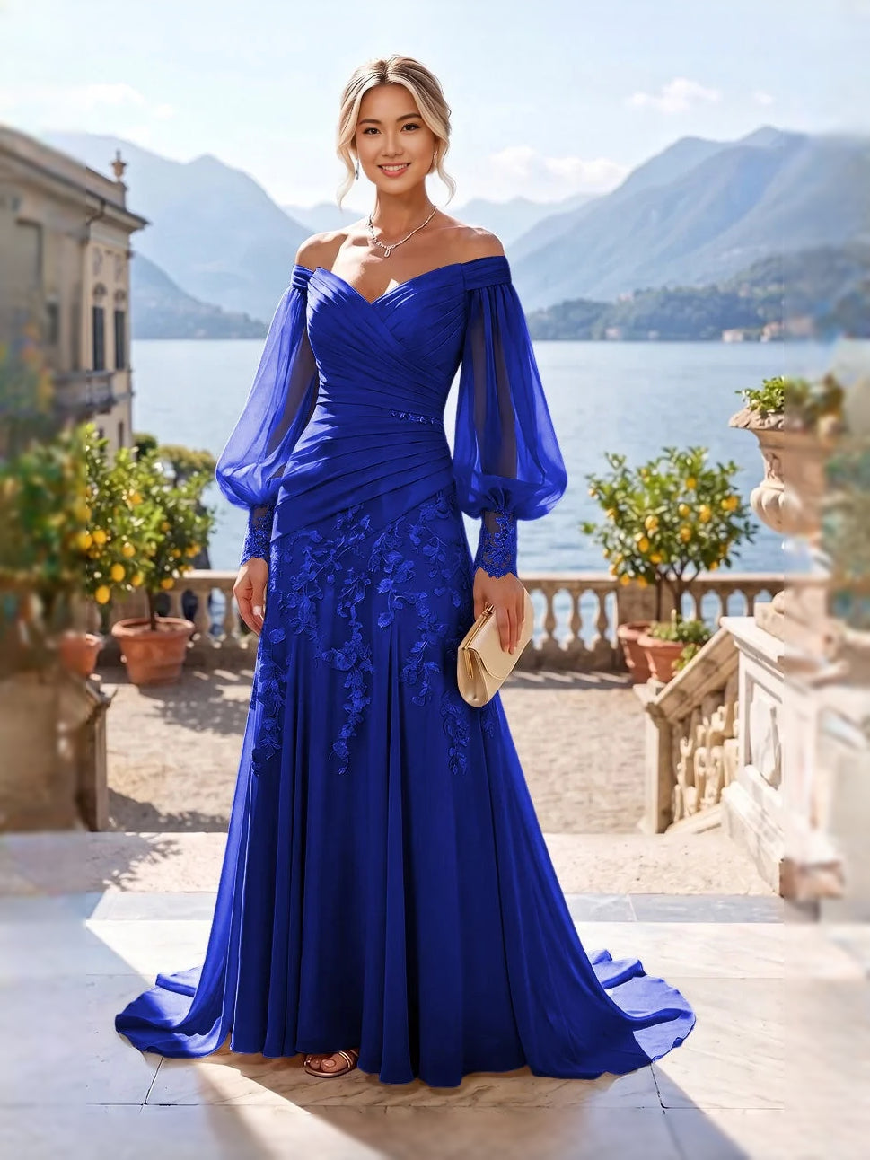 Royal blue chiffon mermaid gown with ruched bodice and long sheer sleeves