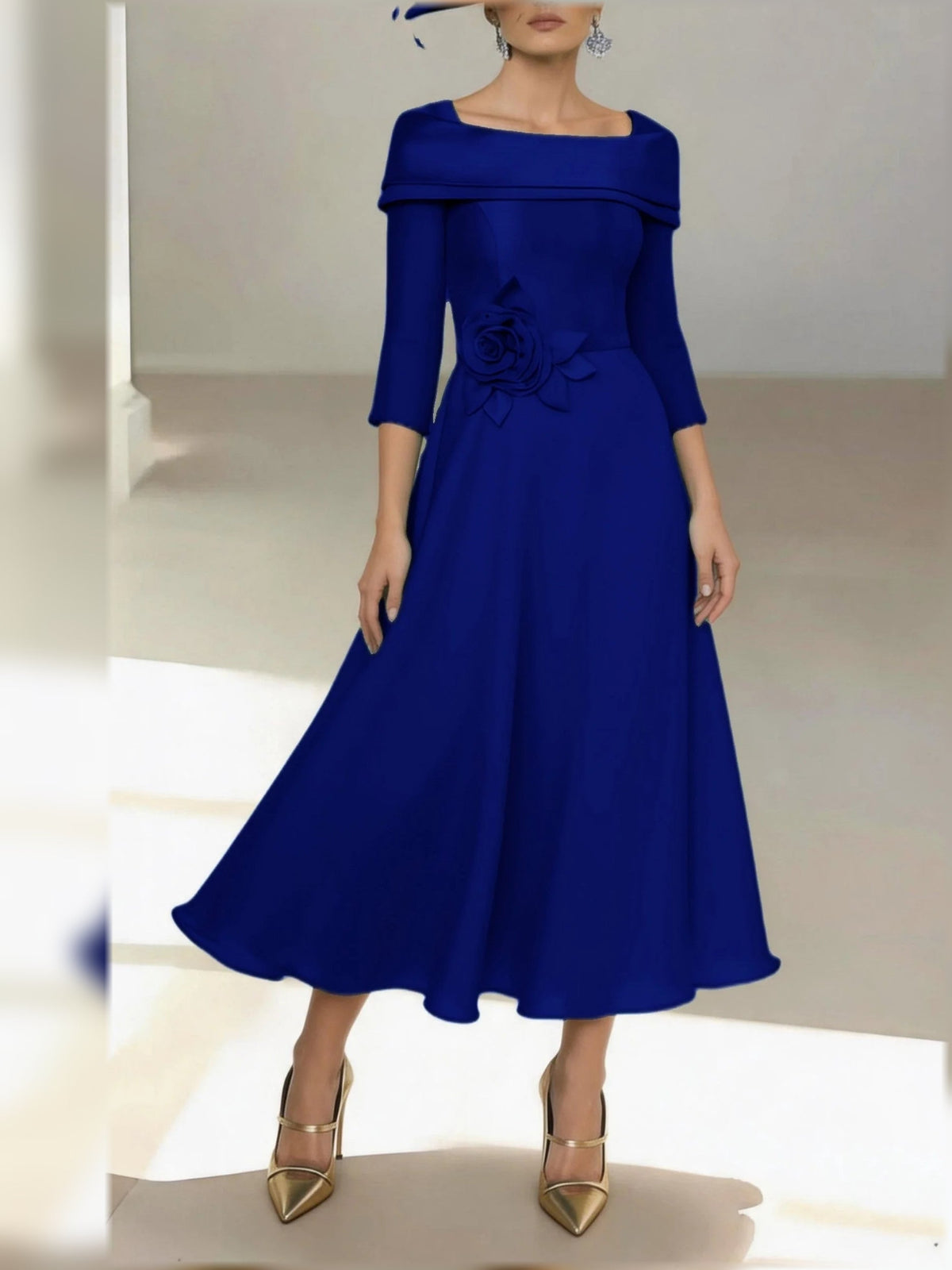 Royal blue satin A-line midi dress with off-shoulder drape, 3/4 sleeves, floral rose applique