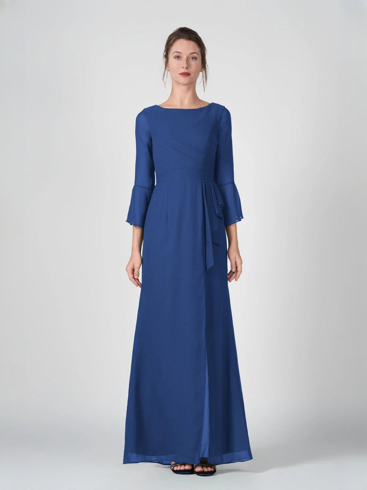Blue chiffon sheath dress with boat neck, ruched waist and side slit