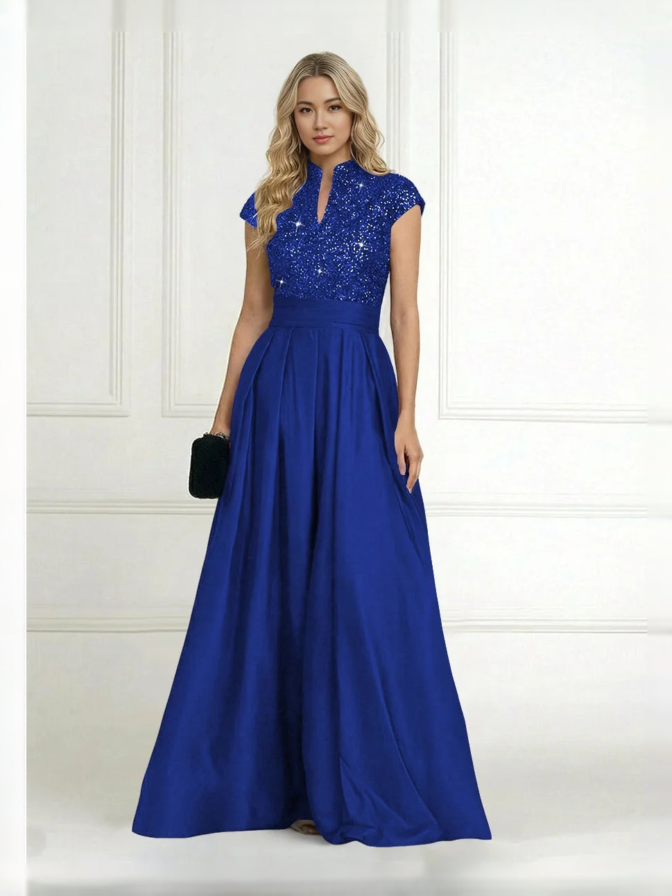 Royal blue sequin high-neck A-line satin dress with pleated full skirt
