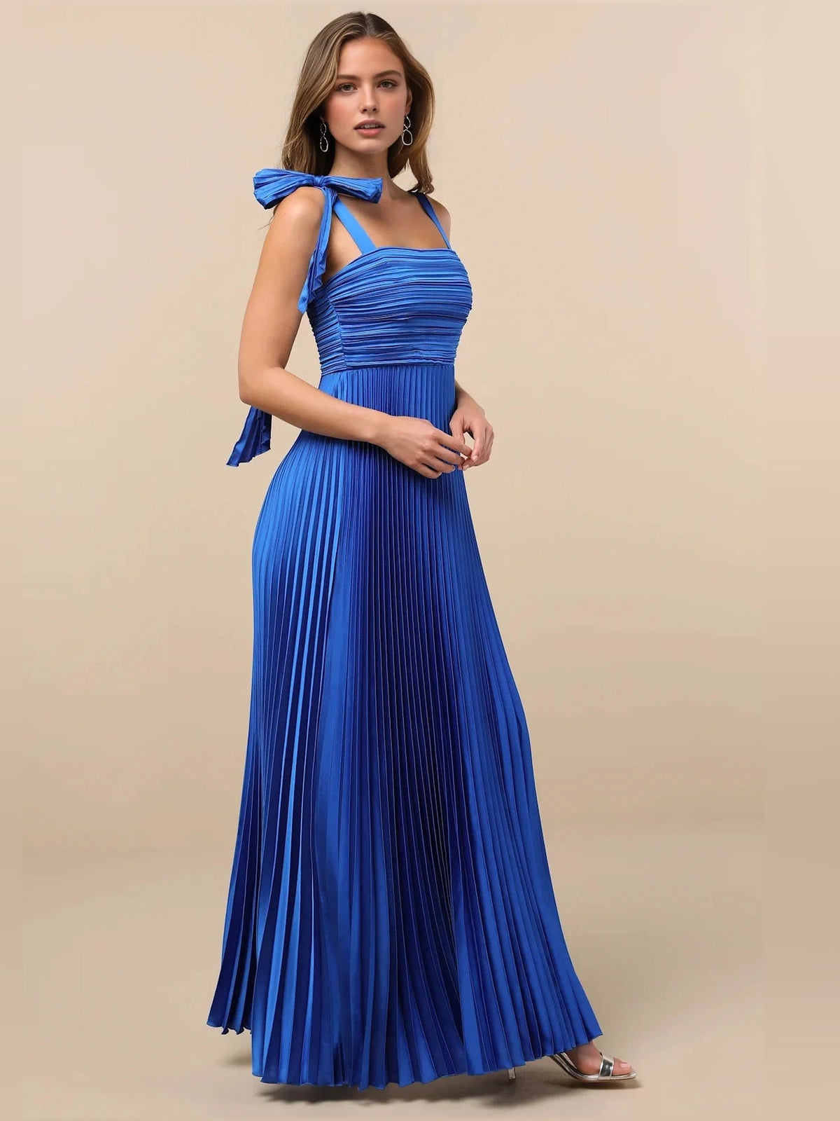 Royal blue satin A-line maxi dress, square neck, ruched pleated bodice