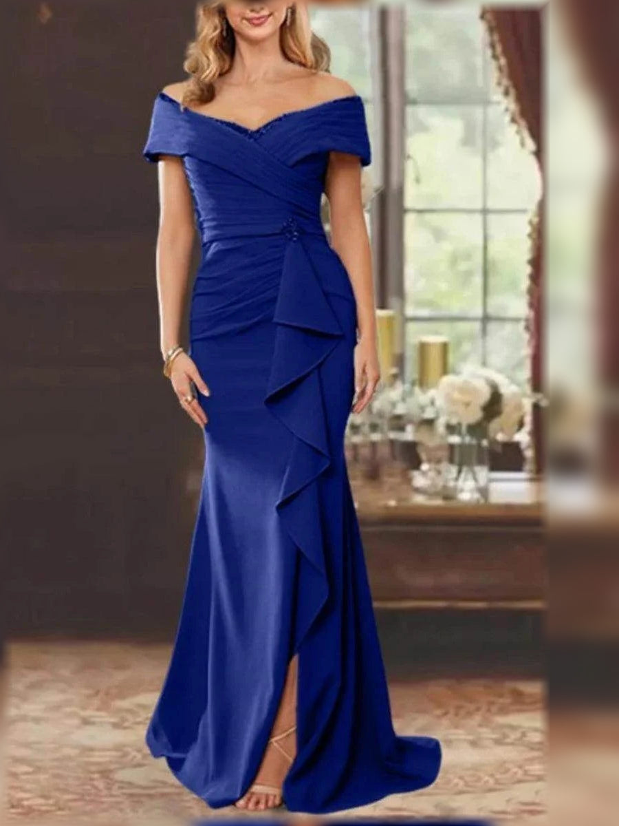 Royal blue off-shoulder mermaid gown with ruched bodice, draped ruffle detail, slit