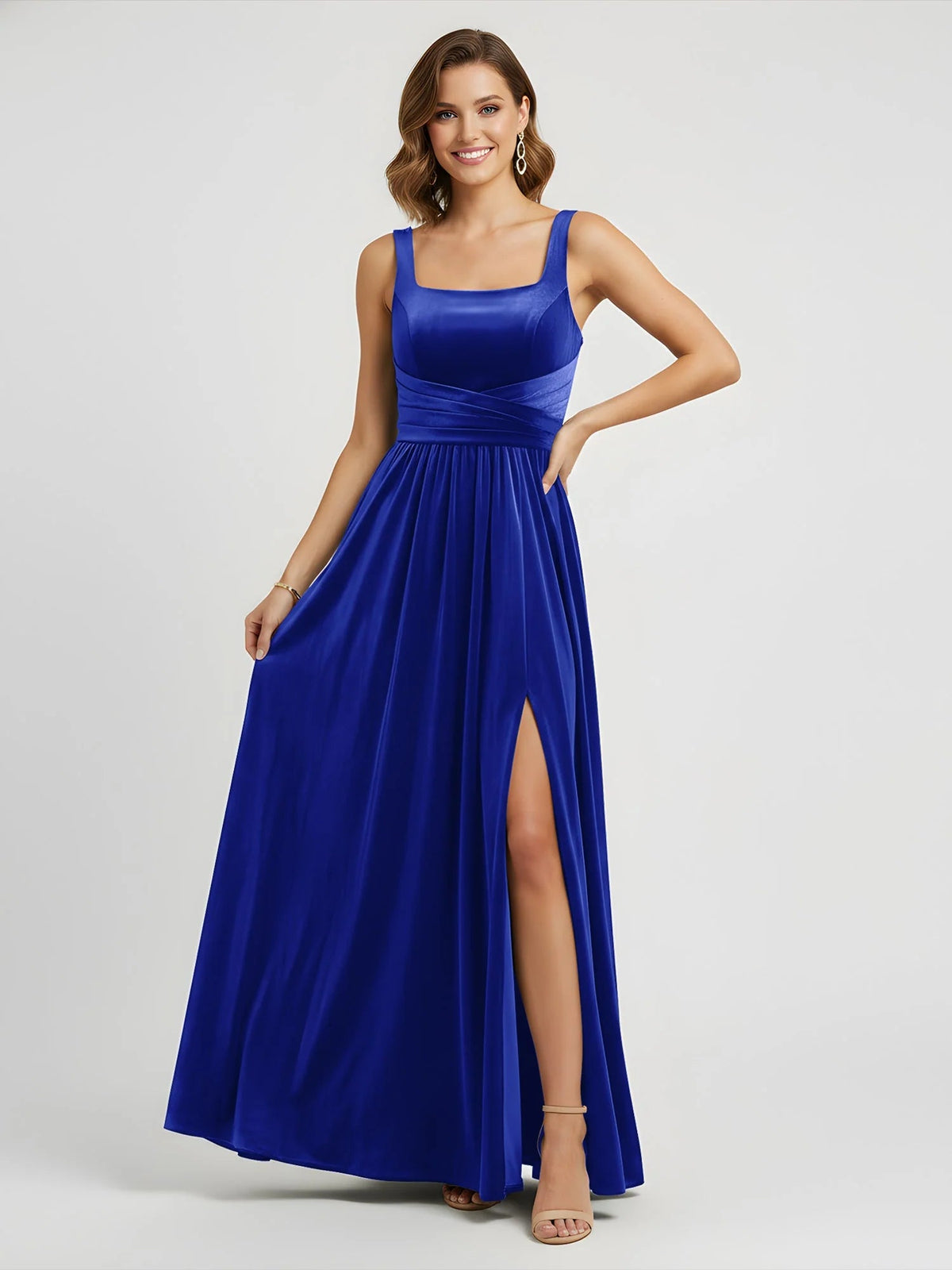 Square-neck ruching formal dress in royal blue with side slit