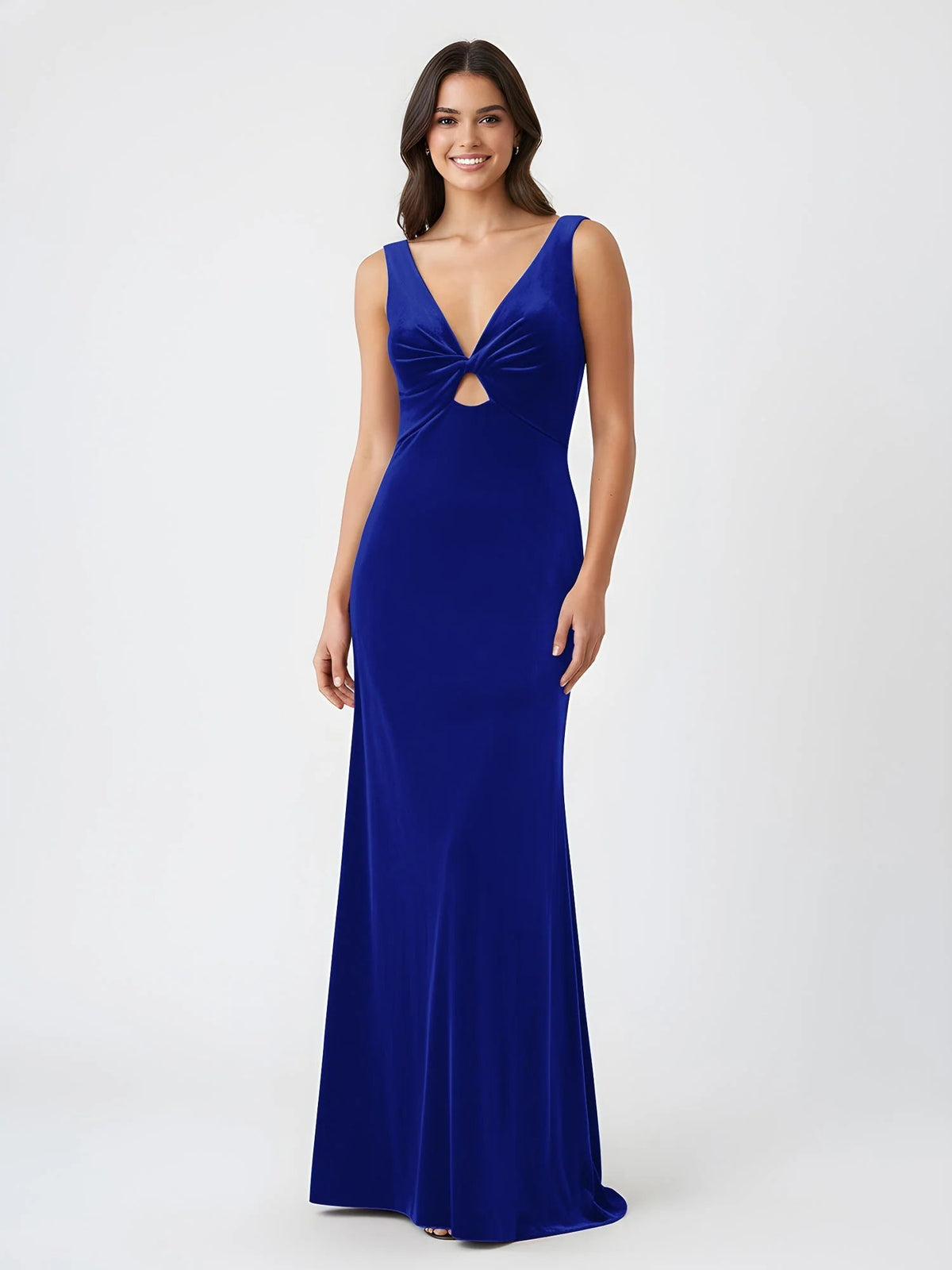 Royal blue V-neck cutout mermaid formal dress, sleeveless with twist bodice