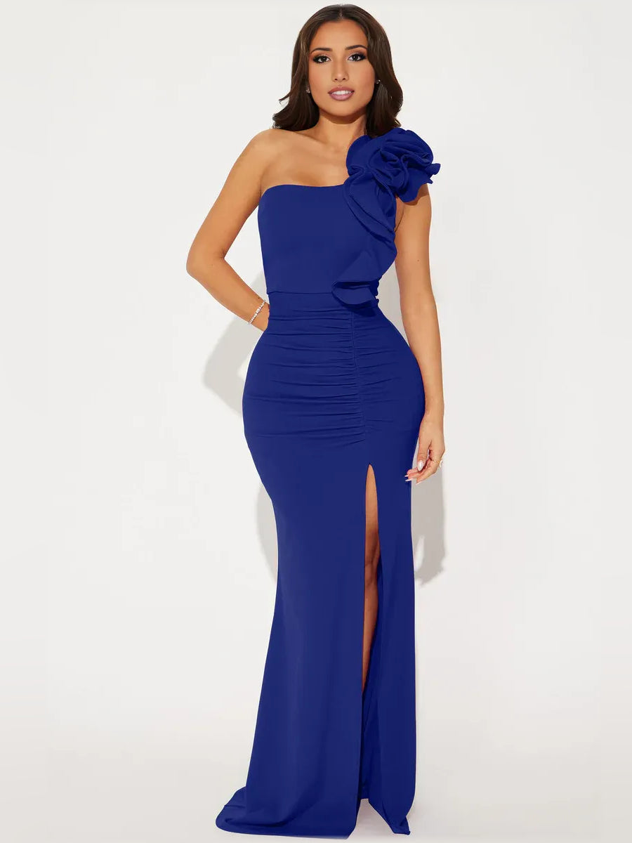 Royal blue one-shoulder ruched formal dress with large ruffle shoulder and side slit