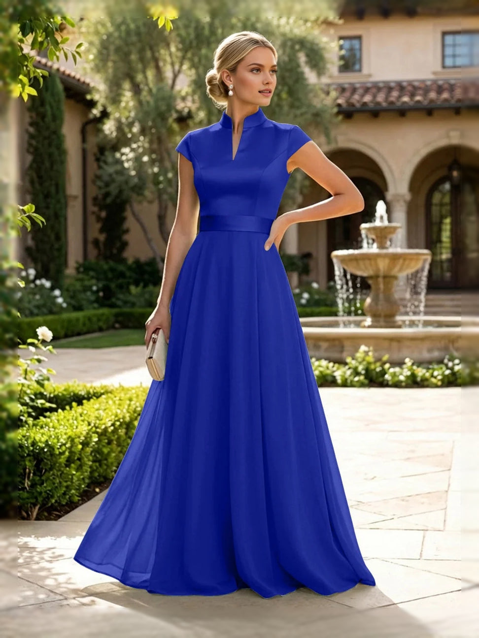 Royal blue sleeveless high-neck A-line satin mother-of-the-bride dress, floor length