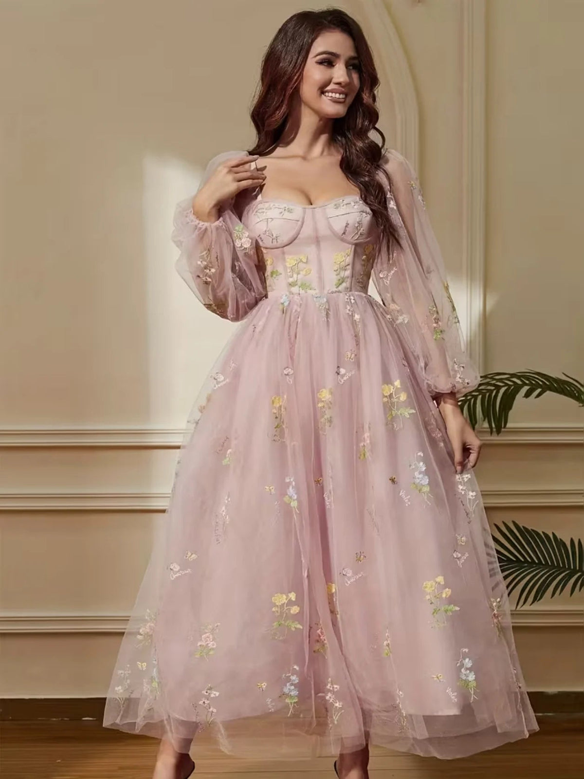Sweetheart A-line midi prom dress in light pink with sheer sleeves and floral embroidery