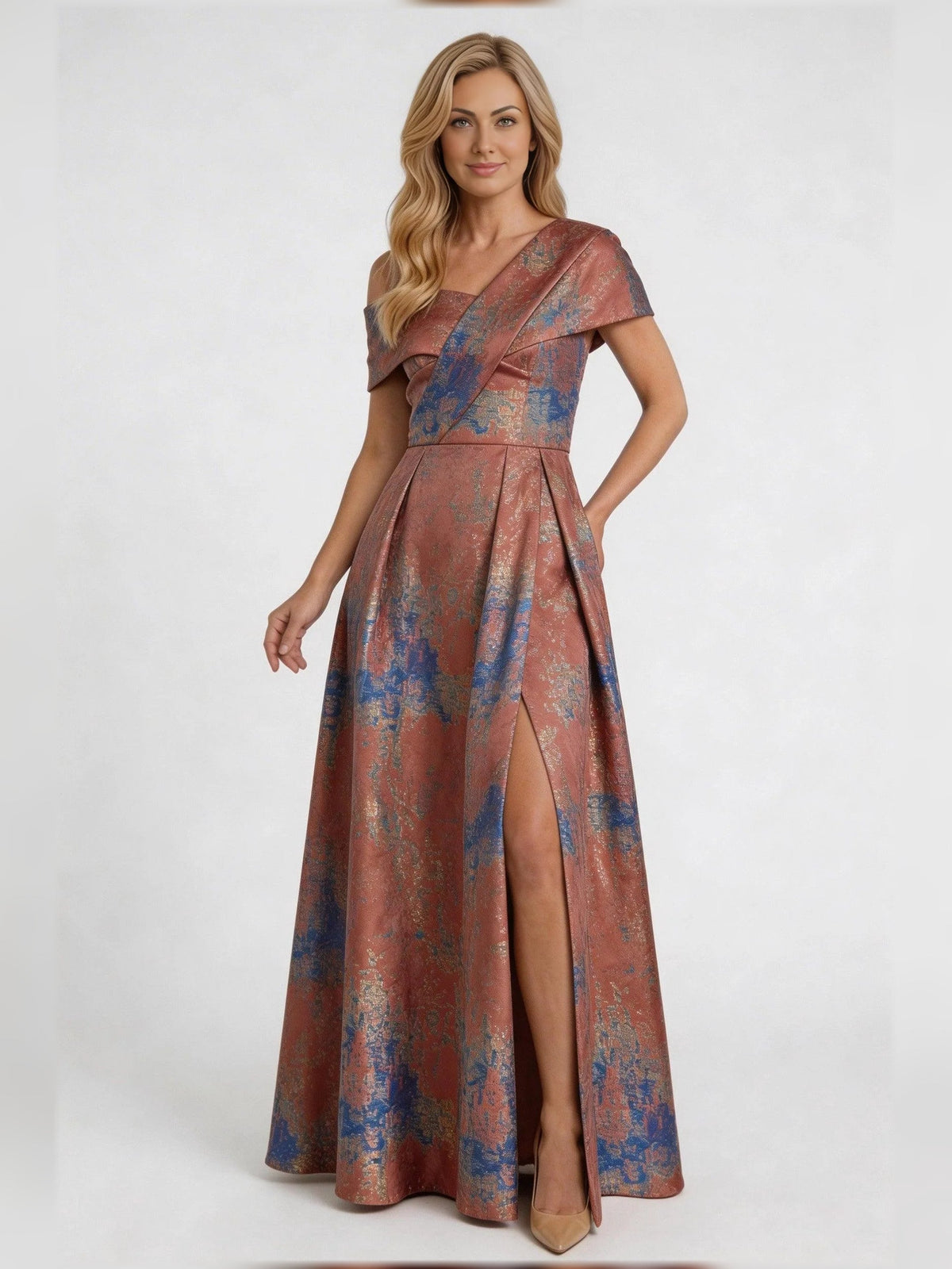 Coral abstract print A-line floor-length dress with asymmetrical neckline and side slit