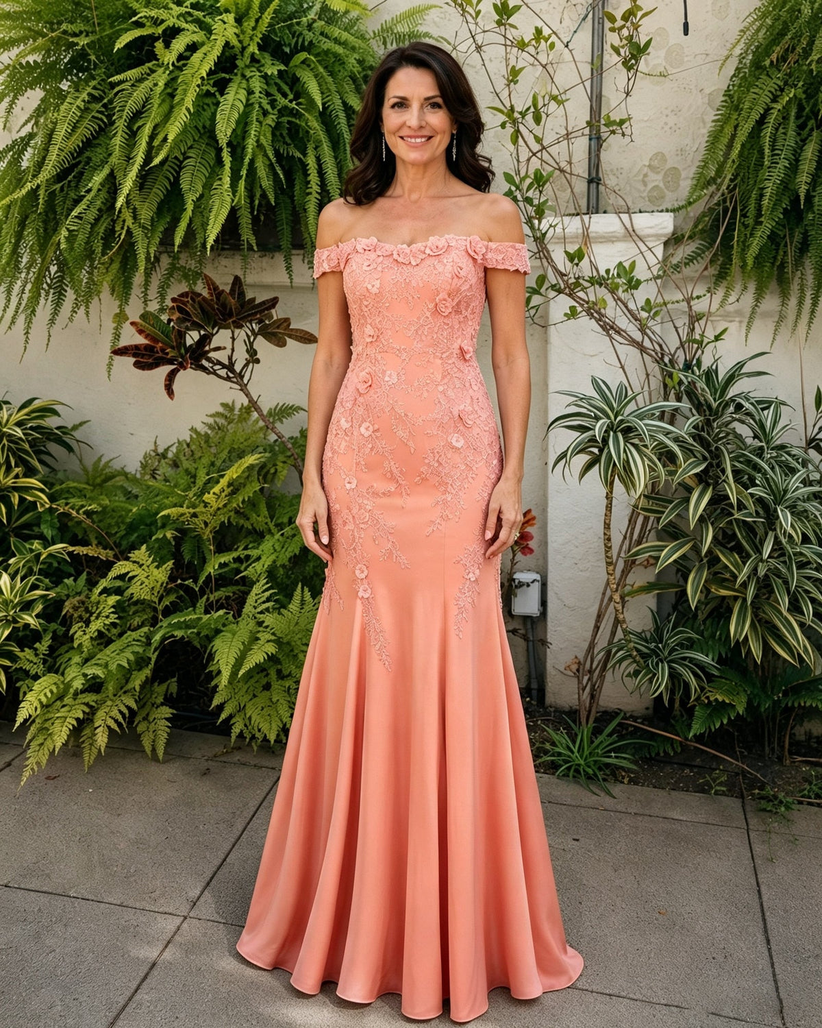 Blush pink off-shoulder lace mermaid mother-of-the-bride dress with scalloped neckline