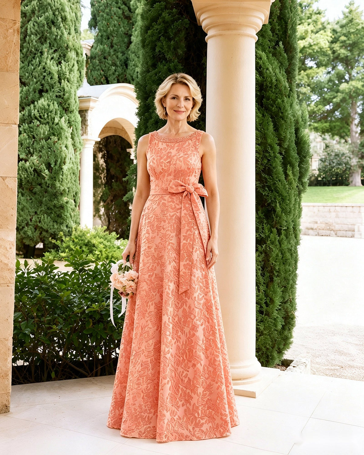 Coral orange sleeveless lace A-line dress with tied sash bow at waist