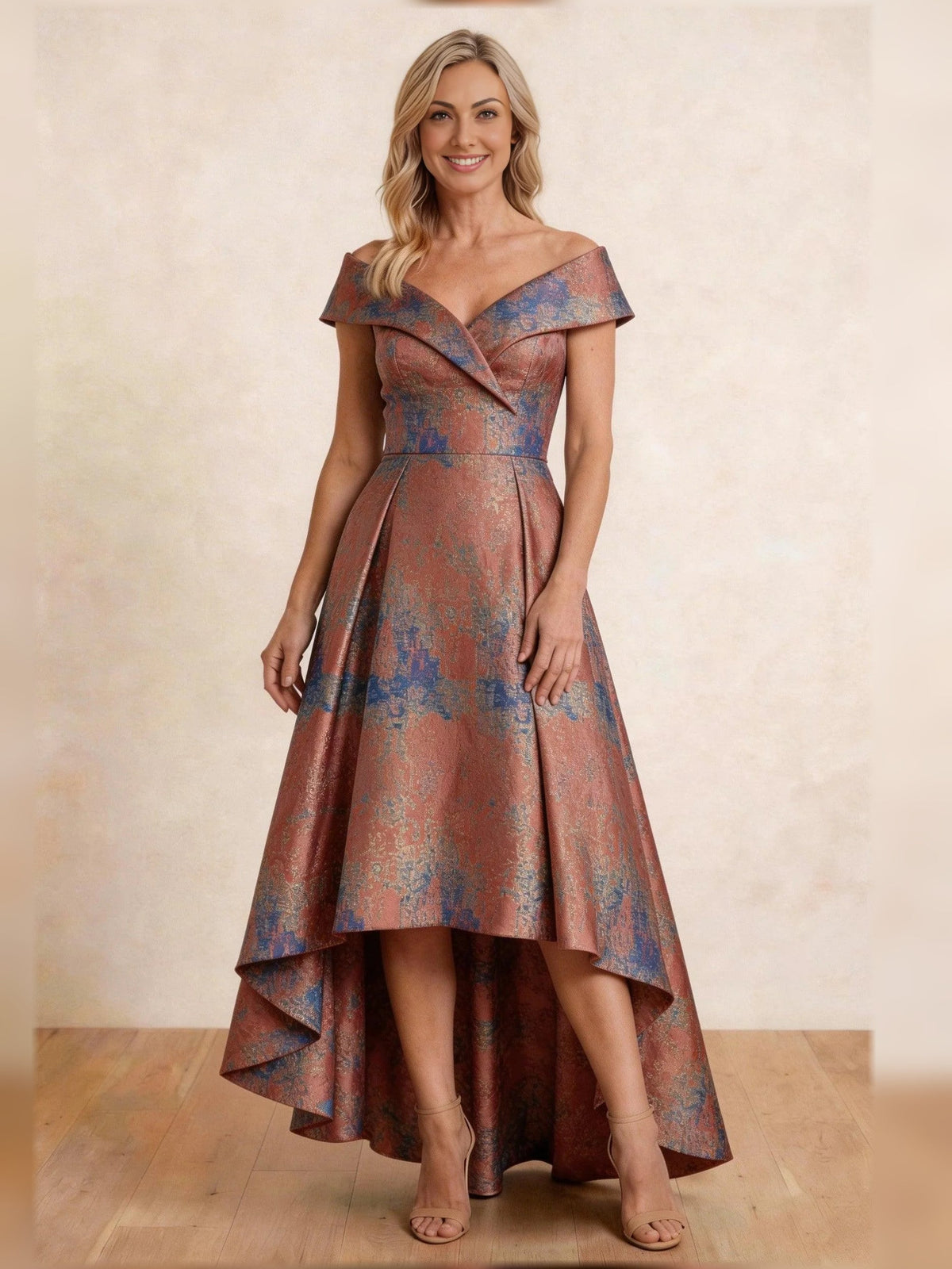 Pleated floral off-shoulder A-line high-low dress, bronze and blue