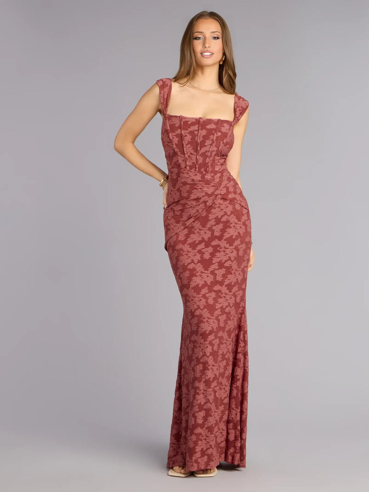 Burgundy square-neck corset maxi dress, sleeveless, ruching, floor-length floral print