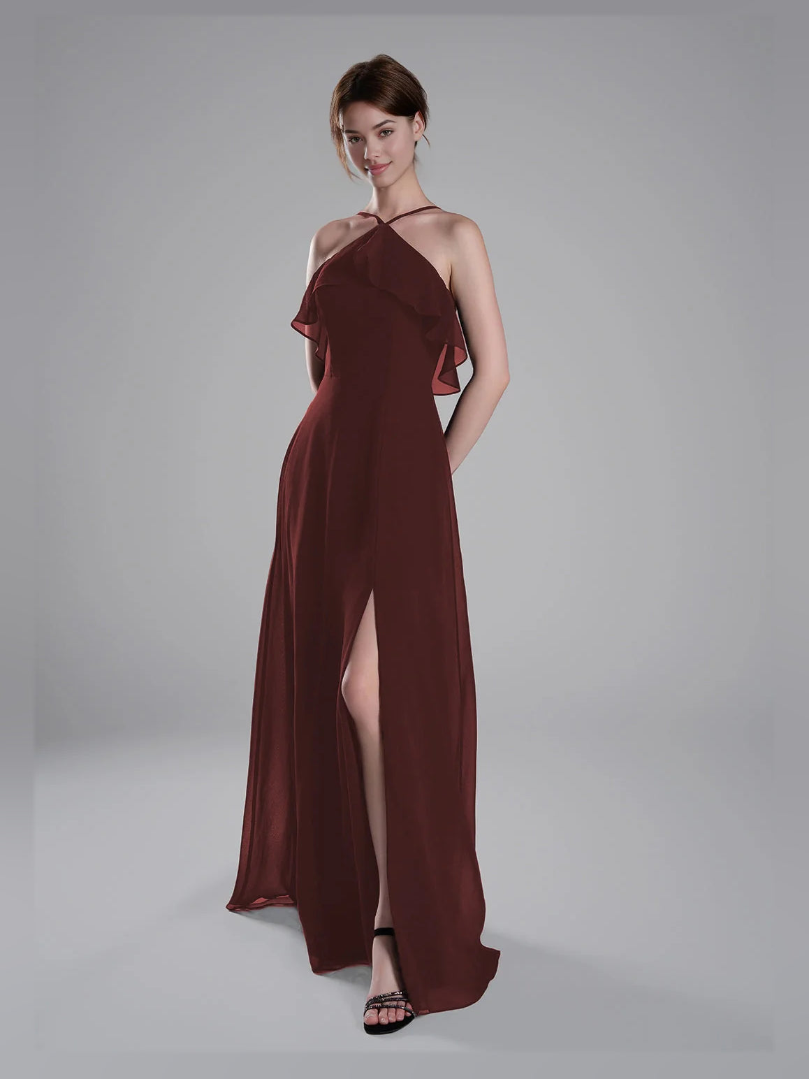 Burgundy chiffon halter A-line bridesmaid dress with ruffled neckline and side slit