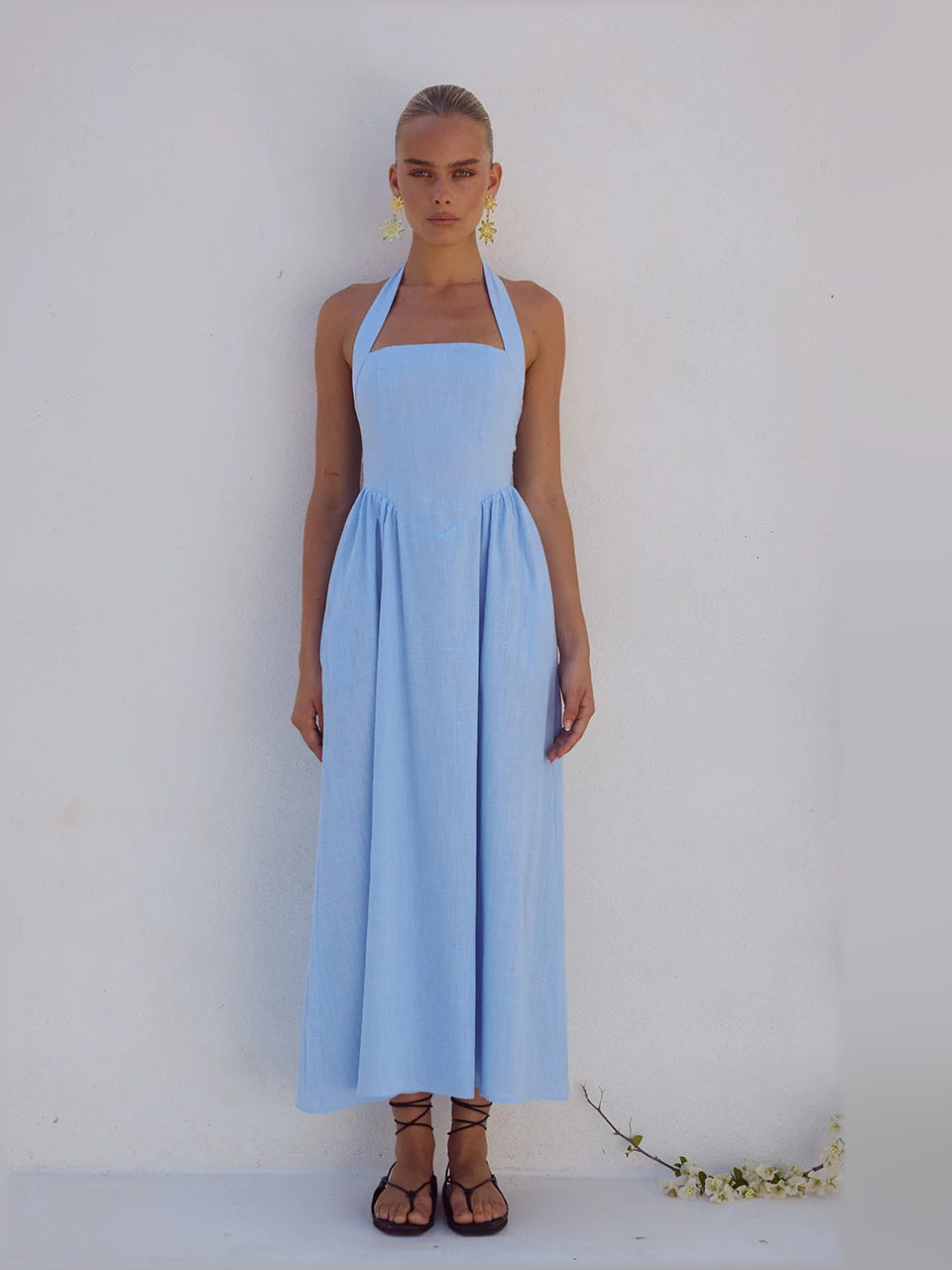 Ice blue midi formal dress standing front view with square neckline and halter straps