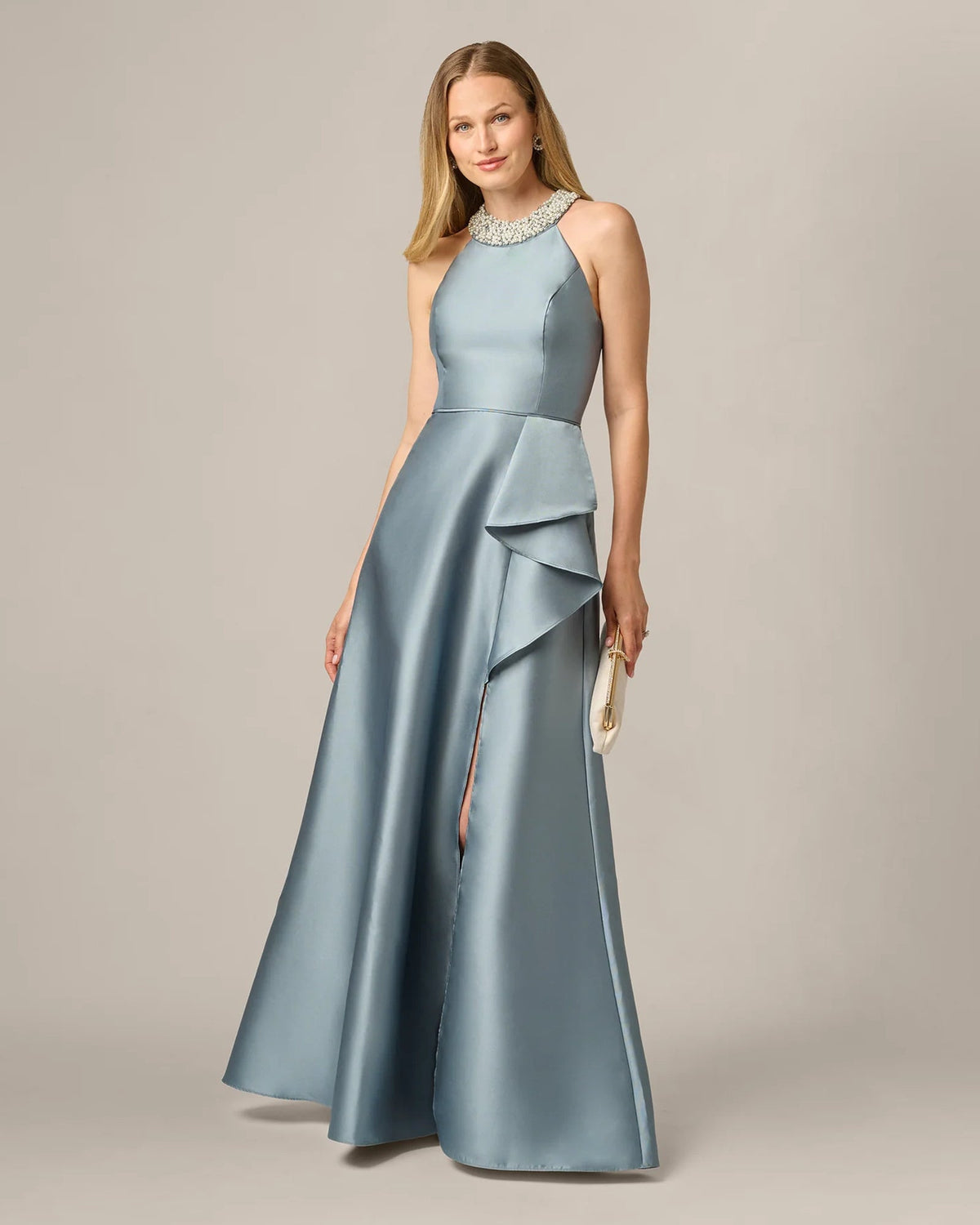 Ice blue halter A-line maxi dress with layered waist drape and beaded neckline