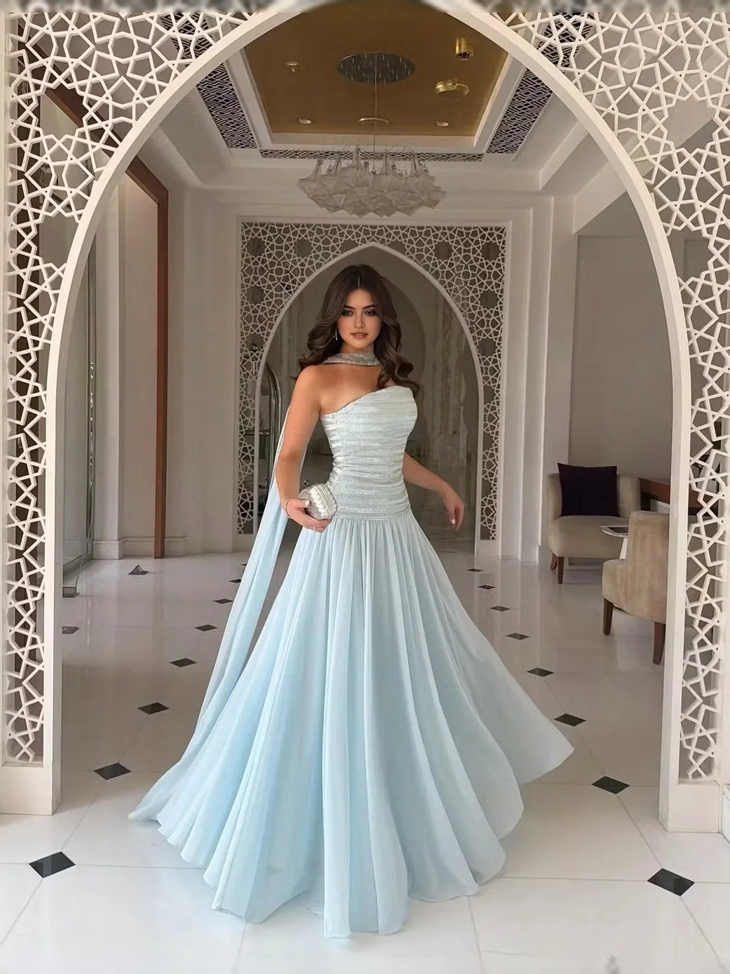 Light blue one-shoulder A-line prom dress with sequined bodice, floor-length
