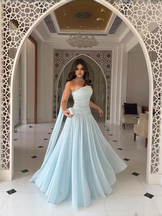 Light blue one-shoulder A-line prom dress with sequined bodice, floor-length