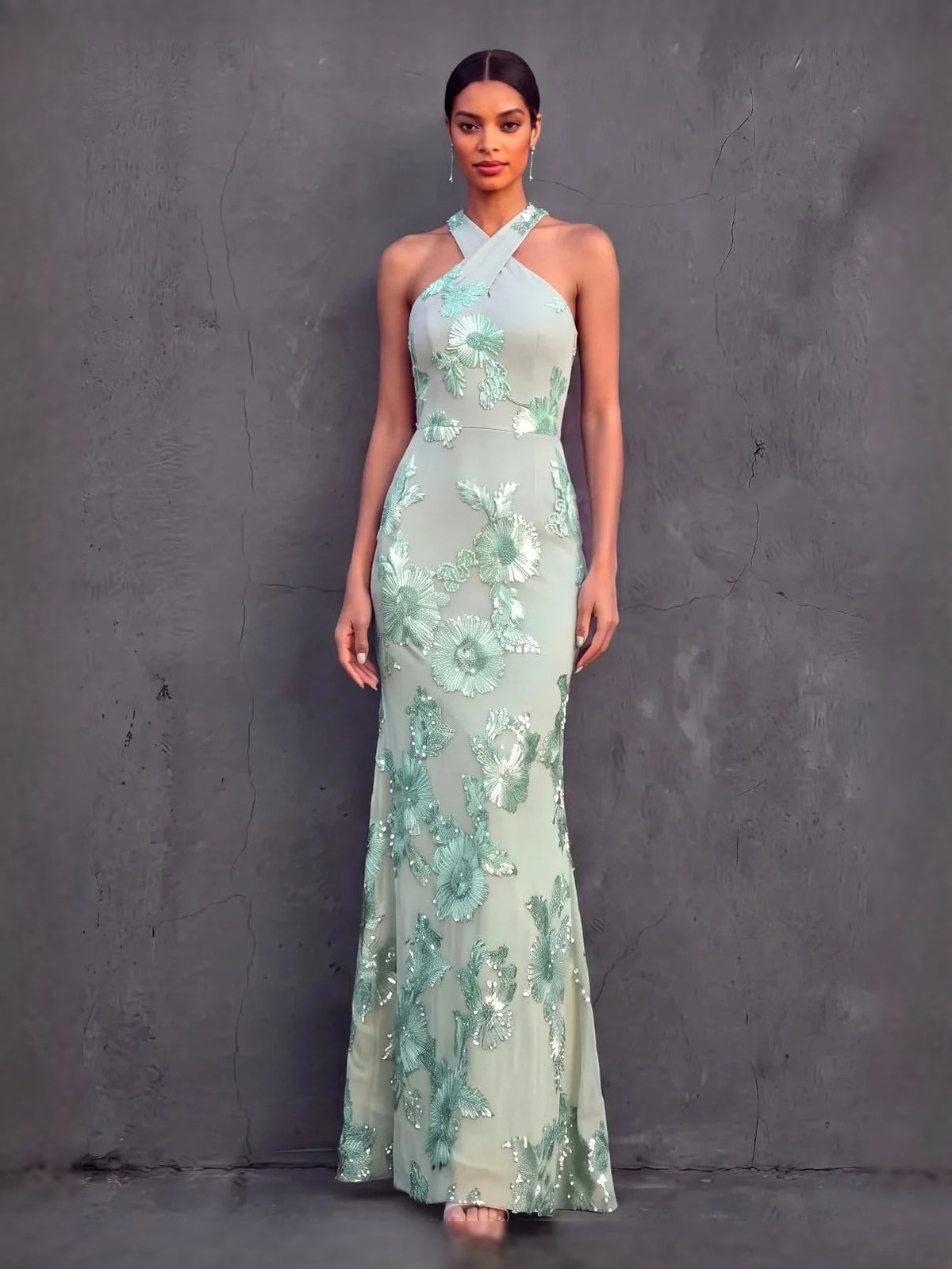 Ice blue halter corset evening dress with floral appliques, fitted bodice and A-line hem