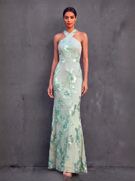 Ice blue halter corset evening dress with floral appliques, fitted bodice and A-line hem