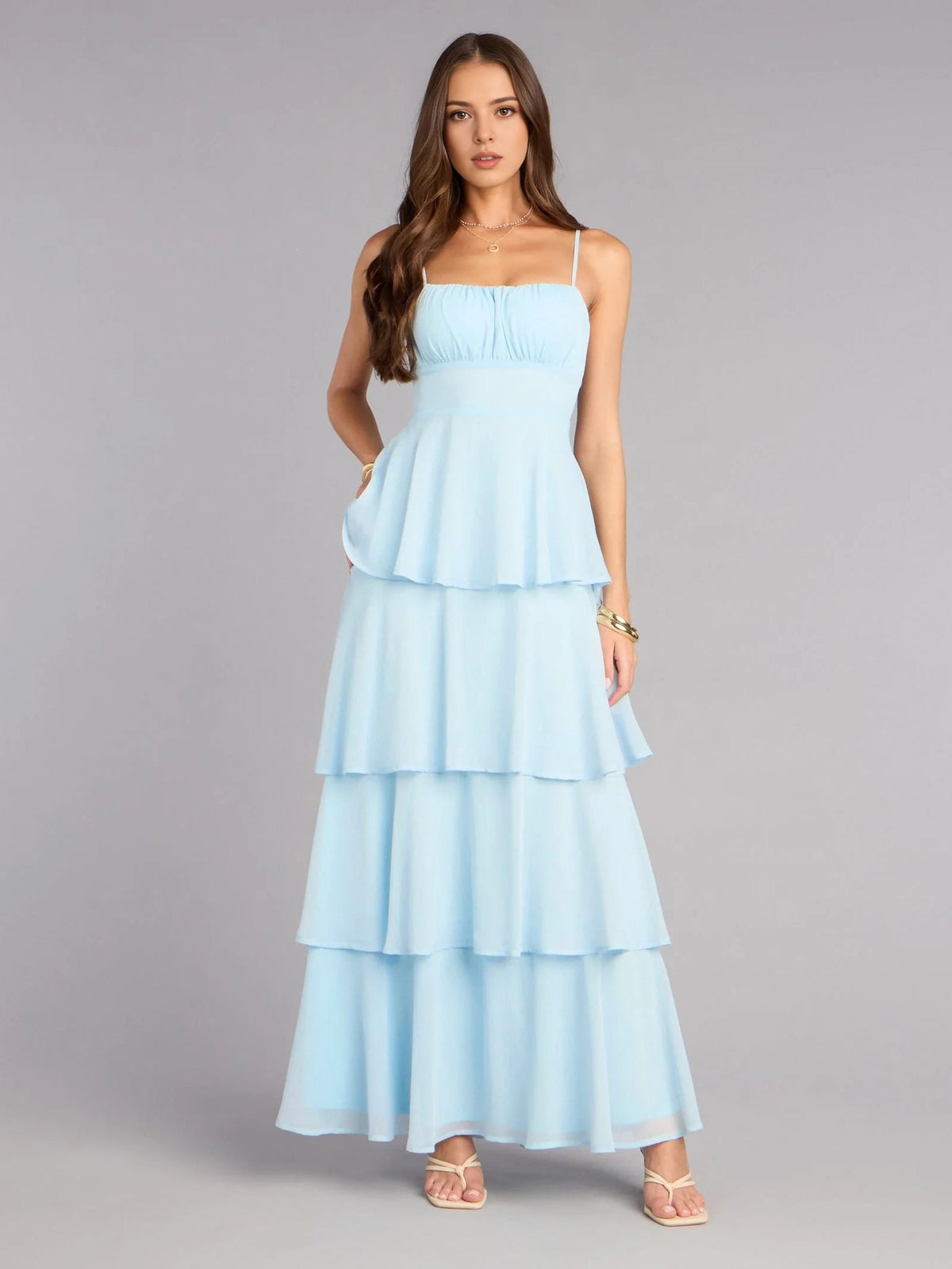 Light blue chiffon prom dress with square neck A-line tiered ruffle skirt