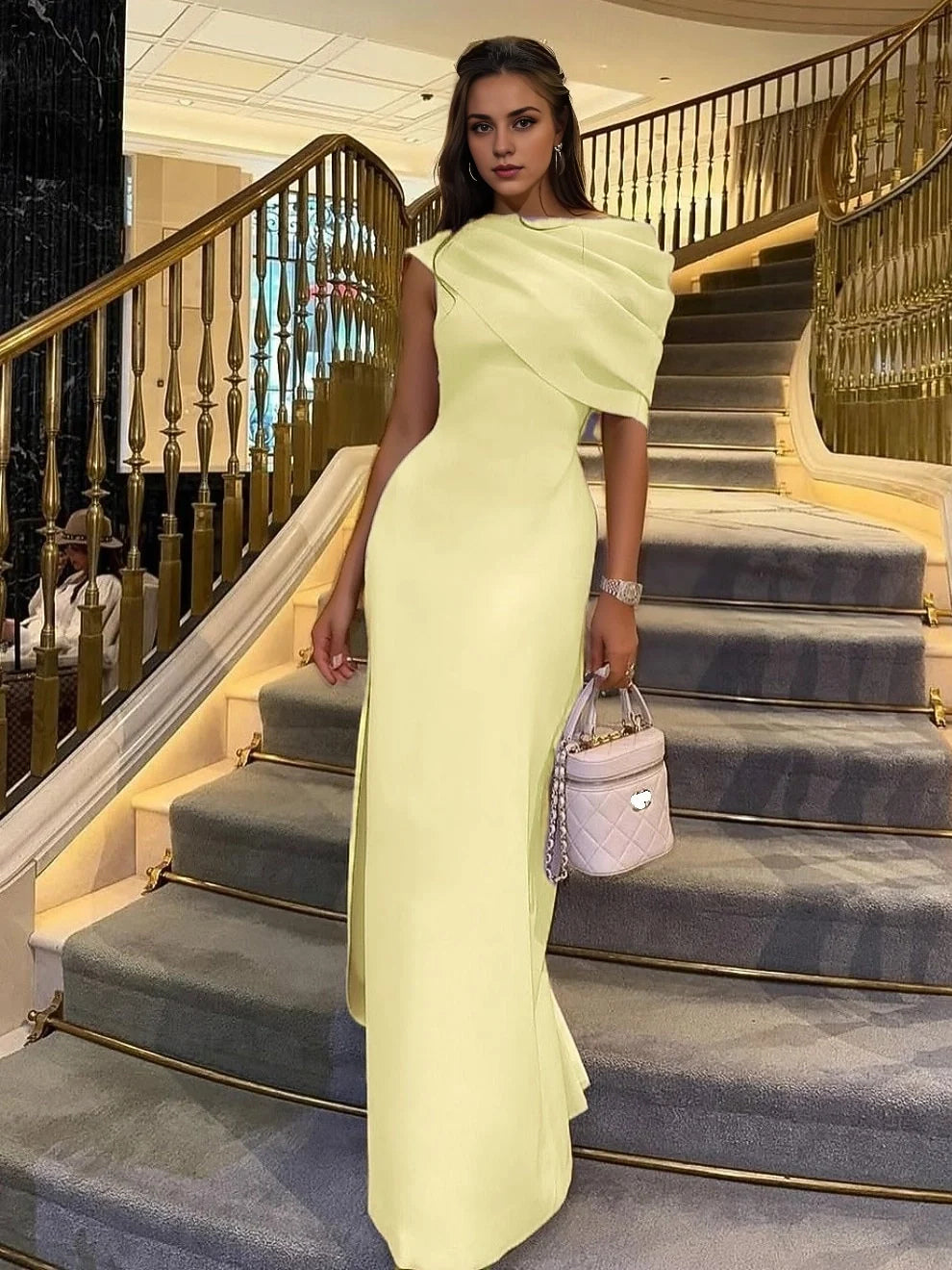 Canary satin one-shoulder draped maxi sheath dress with side slit