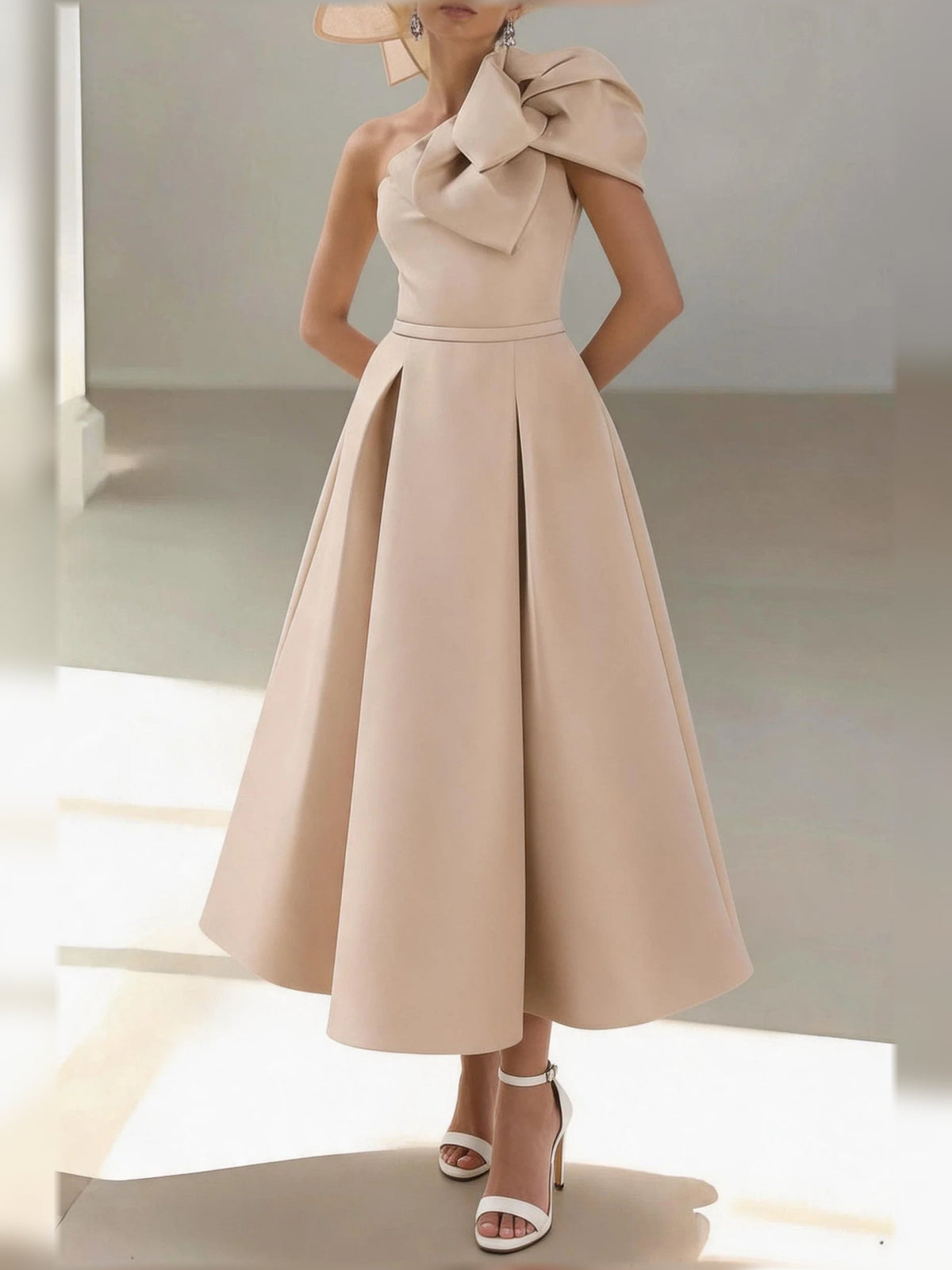 Champagne one-shoulder satin A-line midi dress with pleated waist and draped sleeve
