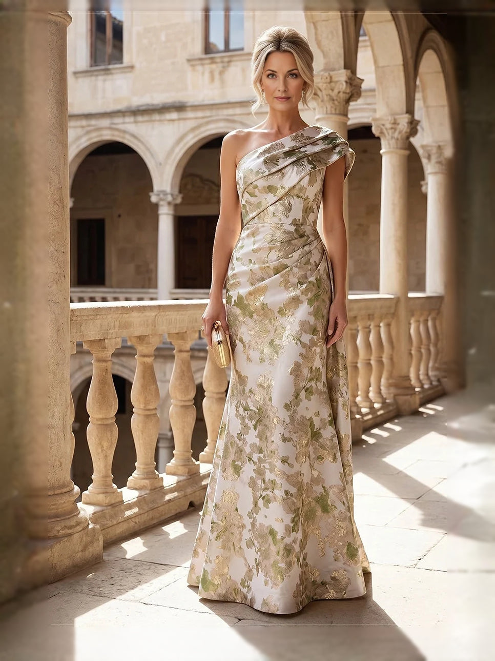 Champagne floral one-shoulder mermaid gown with ruched sash, floor-length.