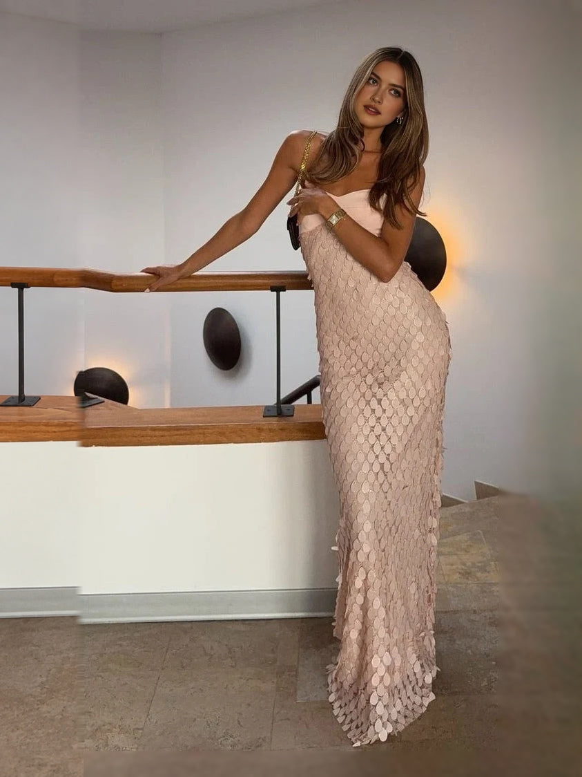 Champagne sequin sweetheart sheath prom dress, sleeveless, floor-length