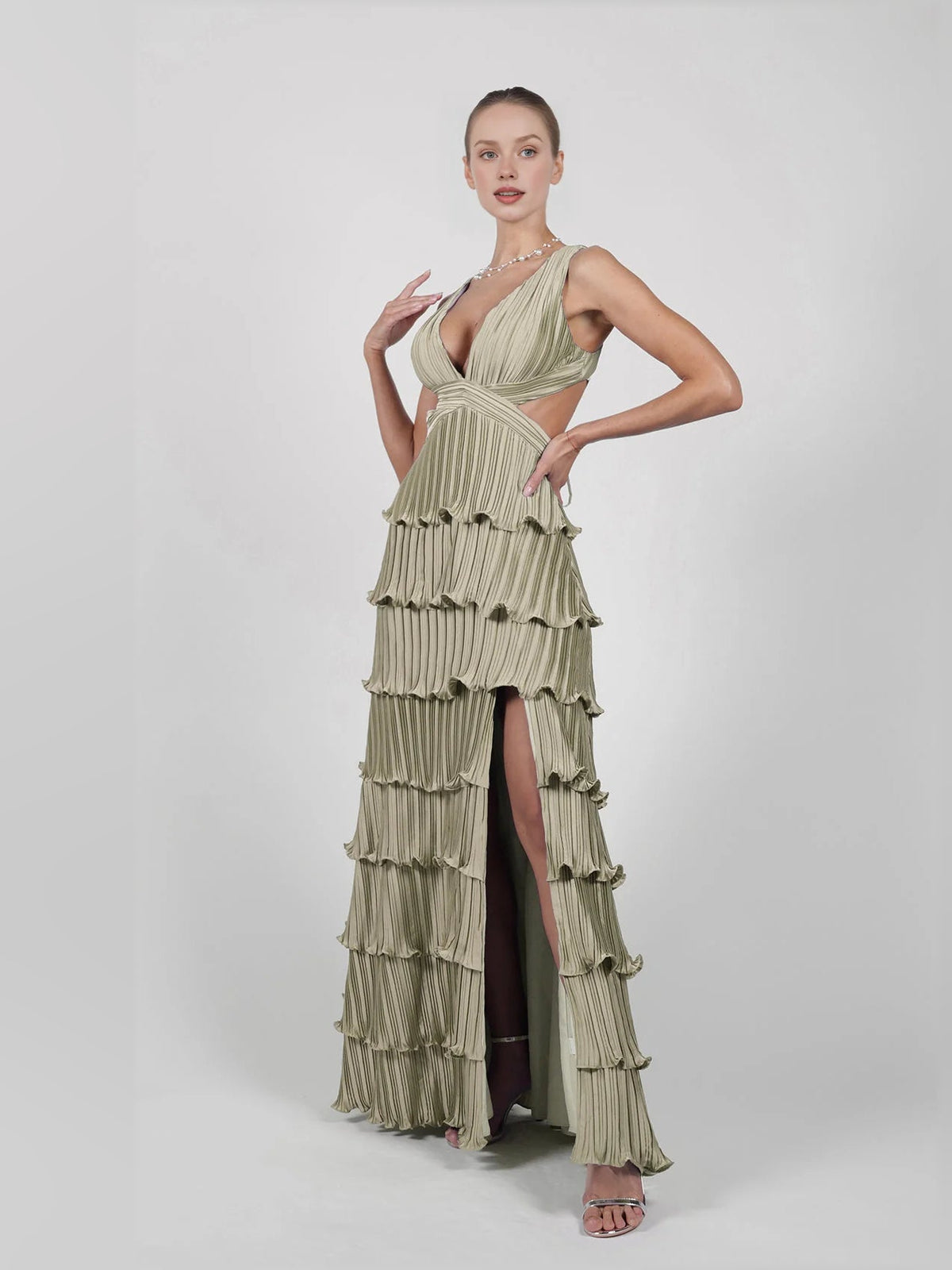 Sage green v-neck pleated tiered formal dress with side slit, sleeveless