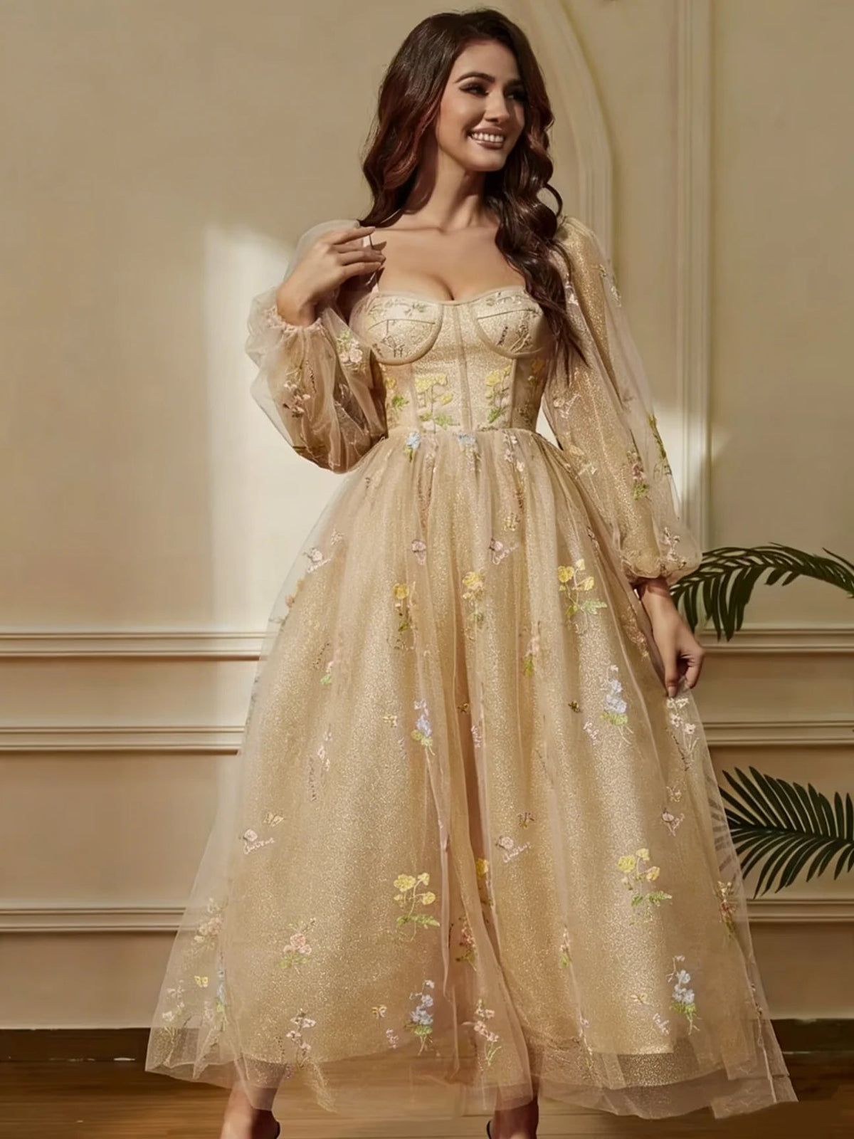 Sweetheart A-line midi prom dress in champagne gold with sheer puff sleeves and floral embroidery
