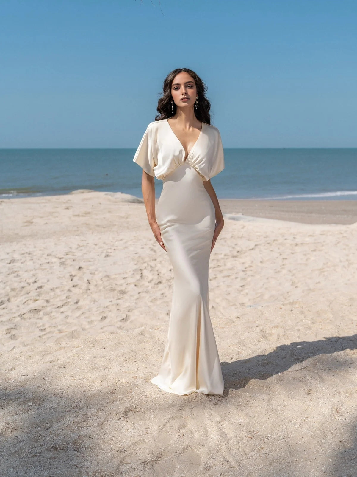 Satin prom dress with ruched draped V-neck and mermaid maxi skirt, front view