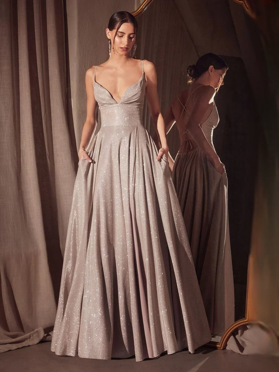 Champagne glitter V-neck A-line prom dress with thin straps, full-length skirt