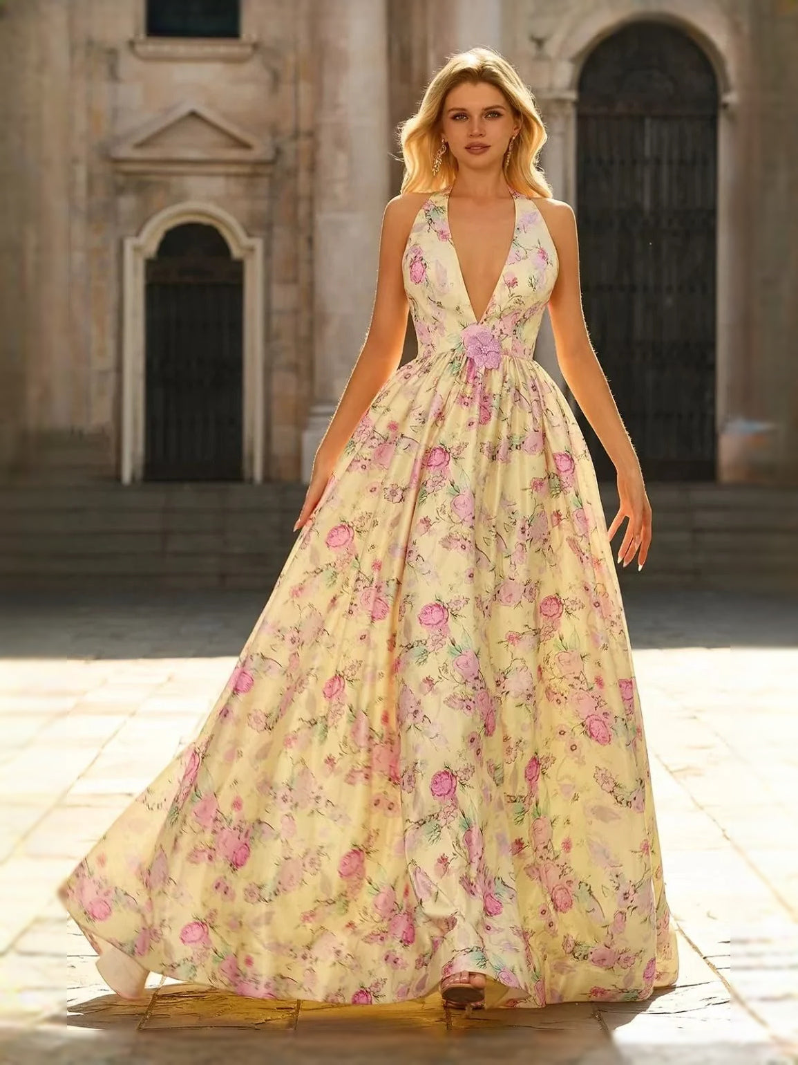 Champagne floral A-line floor-length prom dress with sleeveless V-neck and front slit