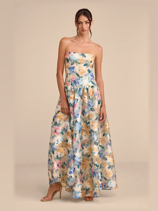 Strapless maxi formal dress with pastel floral print and full A-line skirt