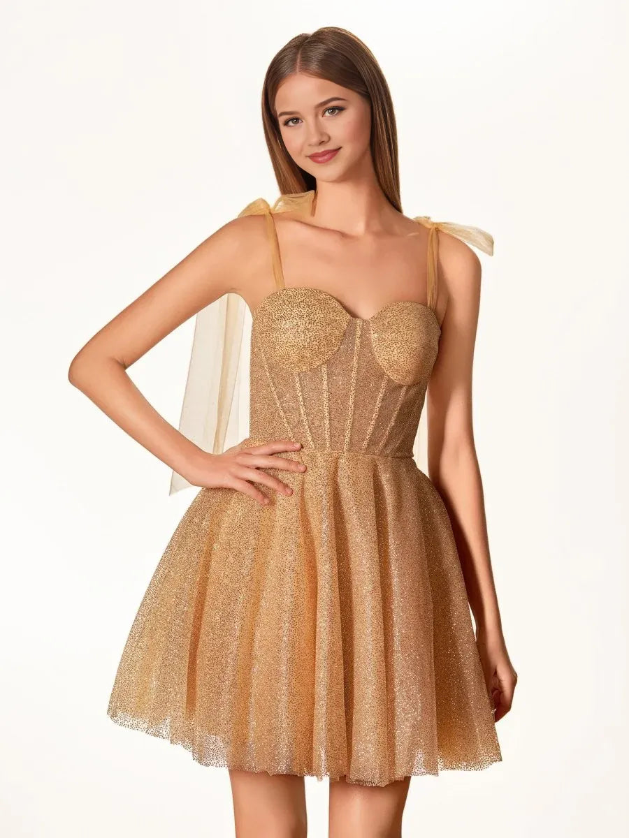 Champagne glitter tulle mini homecoming dress with sweetheart corset bodice and bow straps