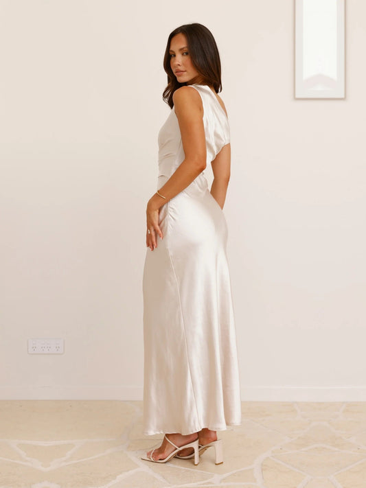 Champagne off-the-shoulder ruching sheath maxi formal dress, profile side view