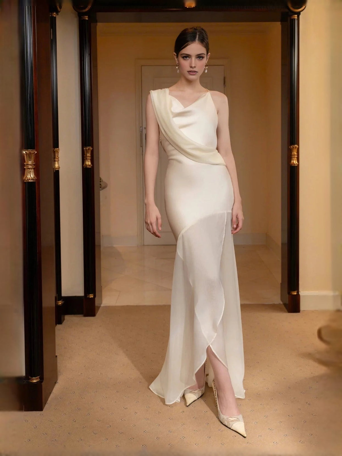 Champagne satin one-shoulder mermaid gown with draped waist and front slit