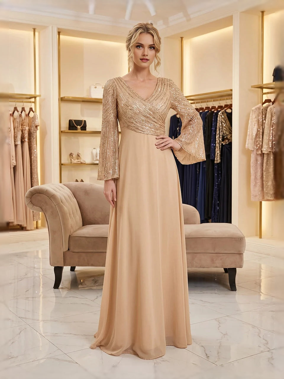 Champagne sequin V-neck A-line chiffon gown with draped waist detail and floor-length skirt