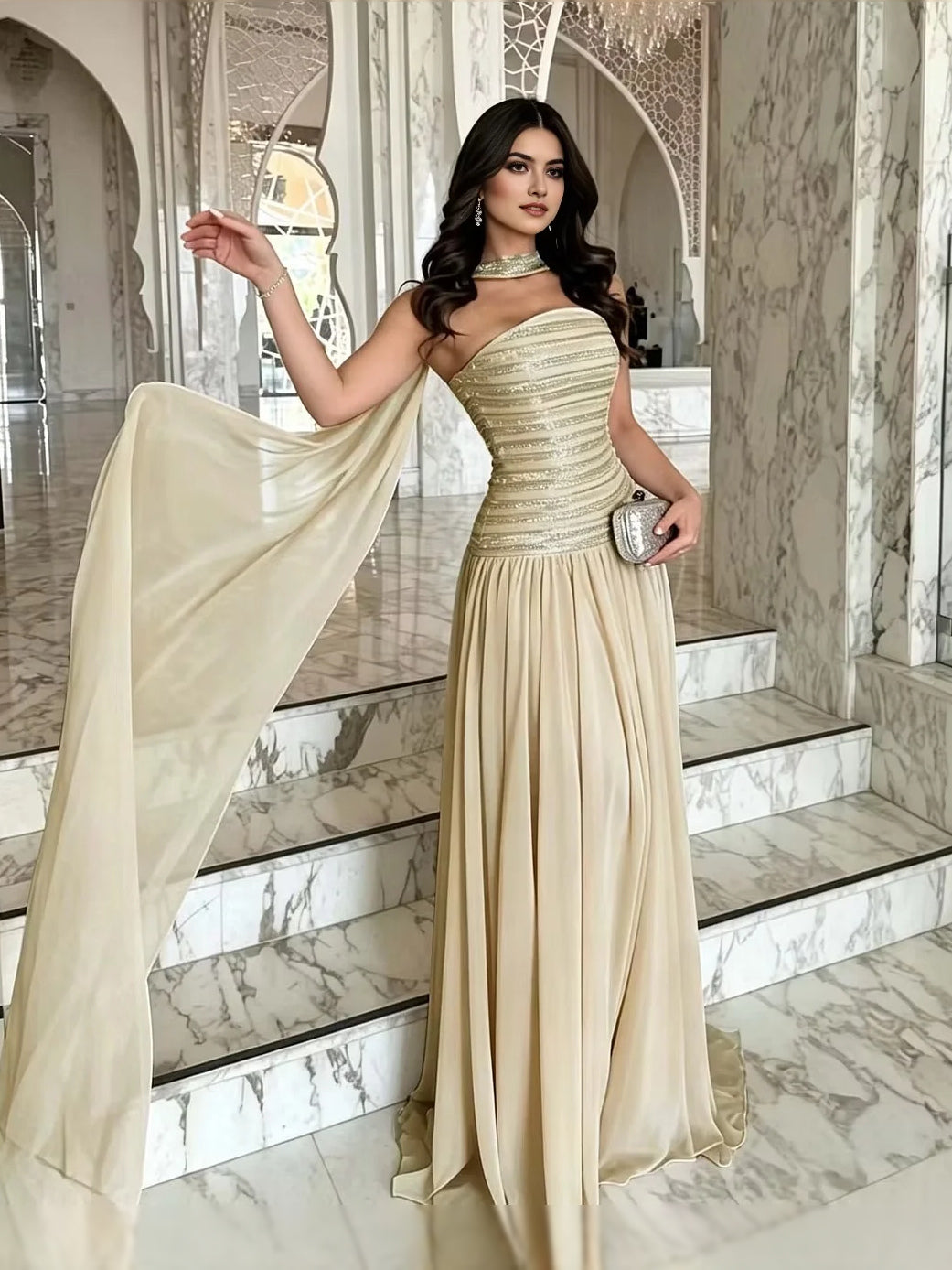 One-shoulder A-line prom dress in champagne with pleated bodice and chiffon side drape